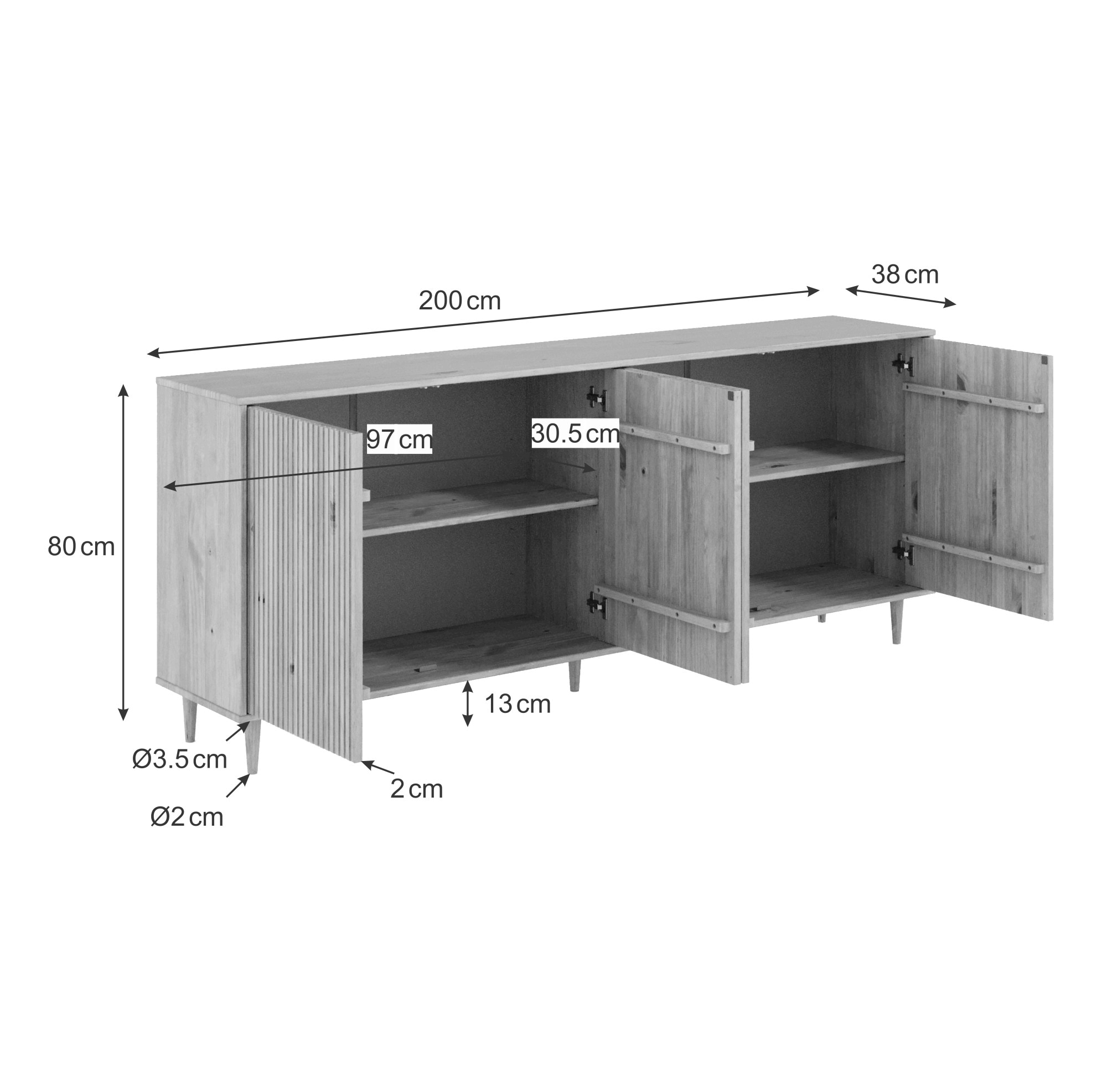 GOODproduct Sideboard »Malmedy Front mit gefrästen Rillen« Kommode aus massivem Kiefernholz, Push-to-open, FSC, Breite 200 cm