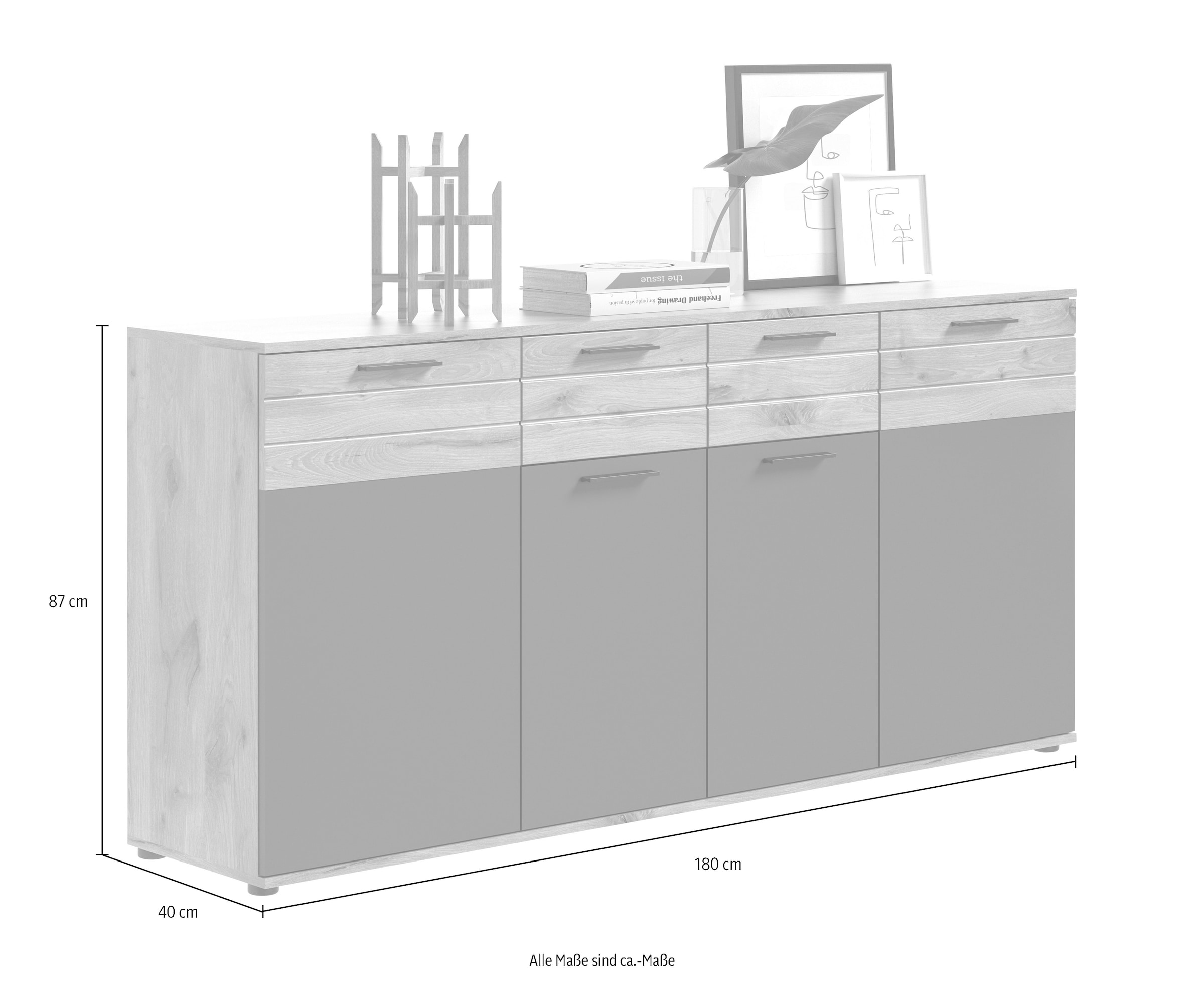 INOSIGN Sideboard »Riga, Breite 180cm, 4 Türen, 2 Schubkästen, 6 Einlegeböden, 10 Fächer« hochwertige Rillenfräsung, mit Softclose, Kommode, Anrichte, Schrank