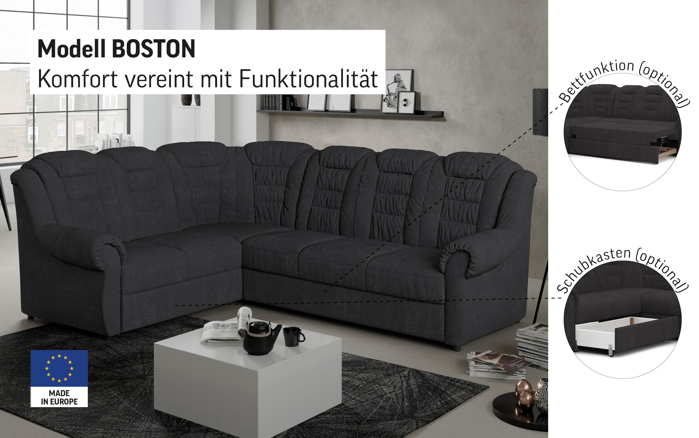 Home affaire Ecksofa »Boston L-Form« mit hoher Rückenlehne, wahlweise mit Bettfunktion & Stauraum
