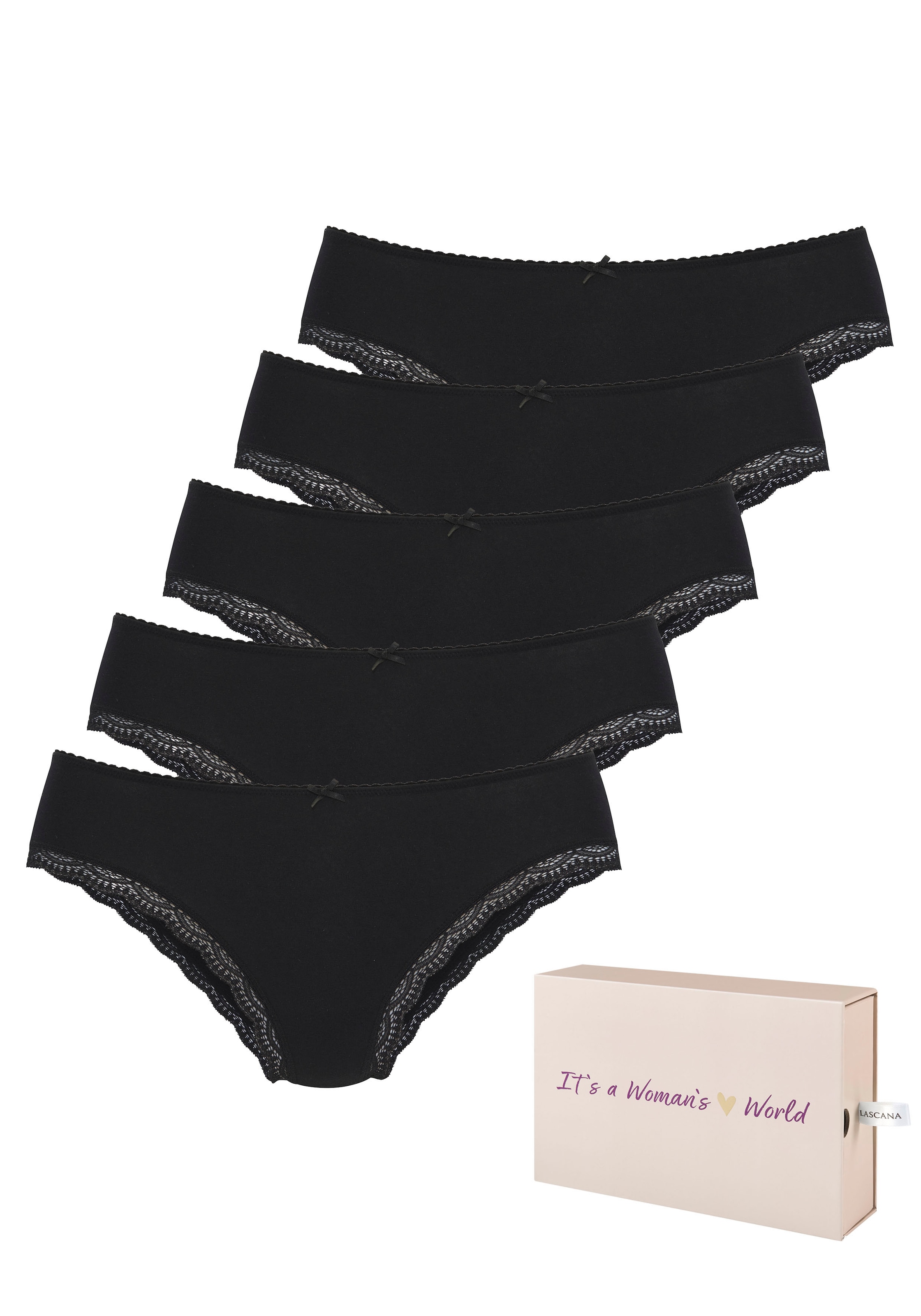 Image of LASCANA Jazz-Pants Slips 5er-Pack, aus elastischer Baumwolle mit zarter Spitze, mit Aufbewahrungsbox