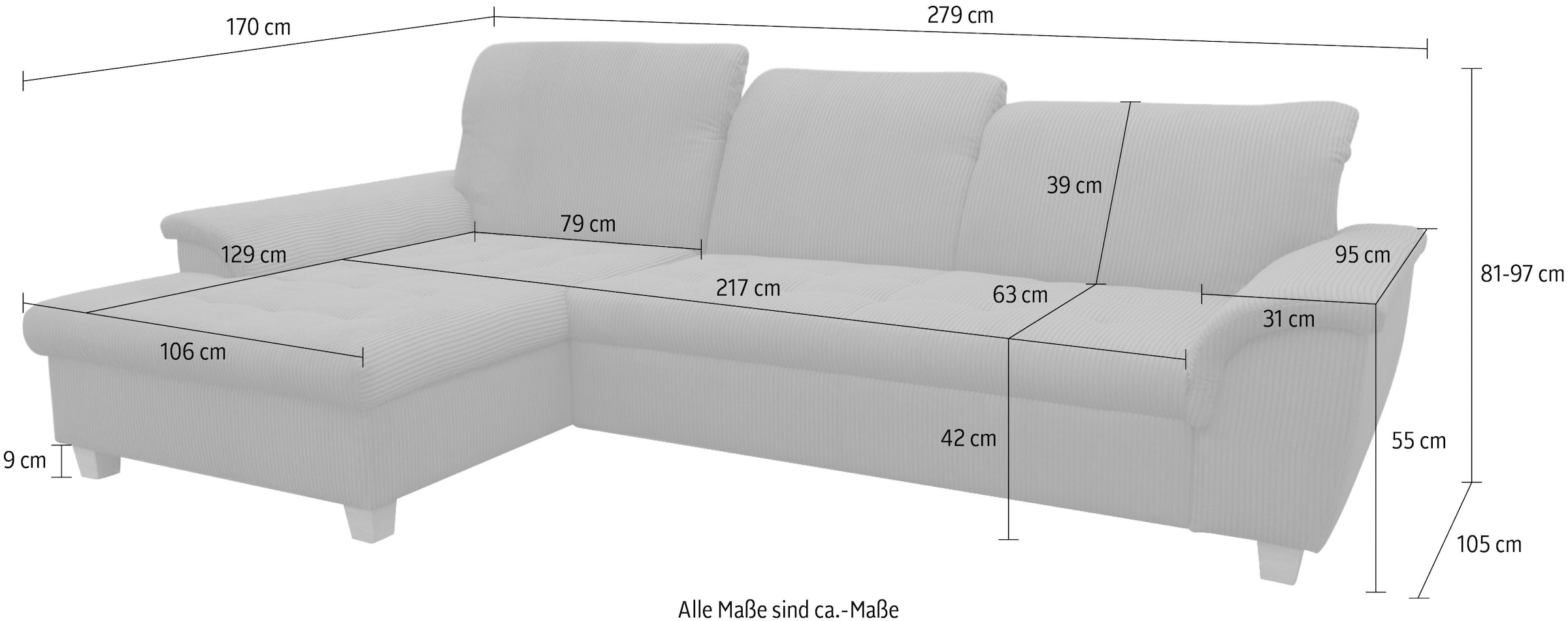 GOODproduct »Eggery 279 x 170 cm, auch mit Schlaffunktion & Bettkasten, Holzfüsse« Kopfteile verstellbar, L-Form, aus pflegeleichtem Luxus-Microfaser