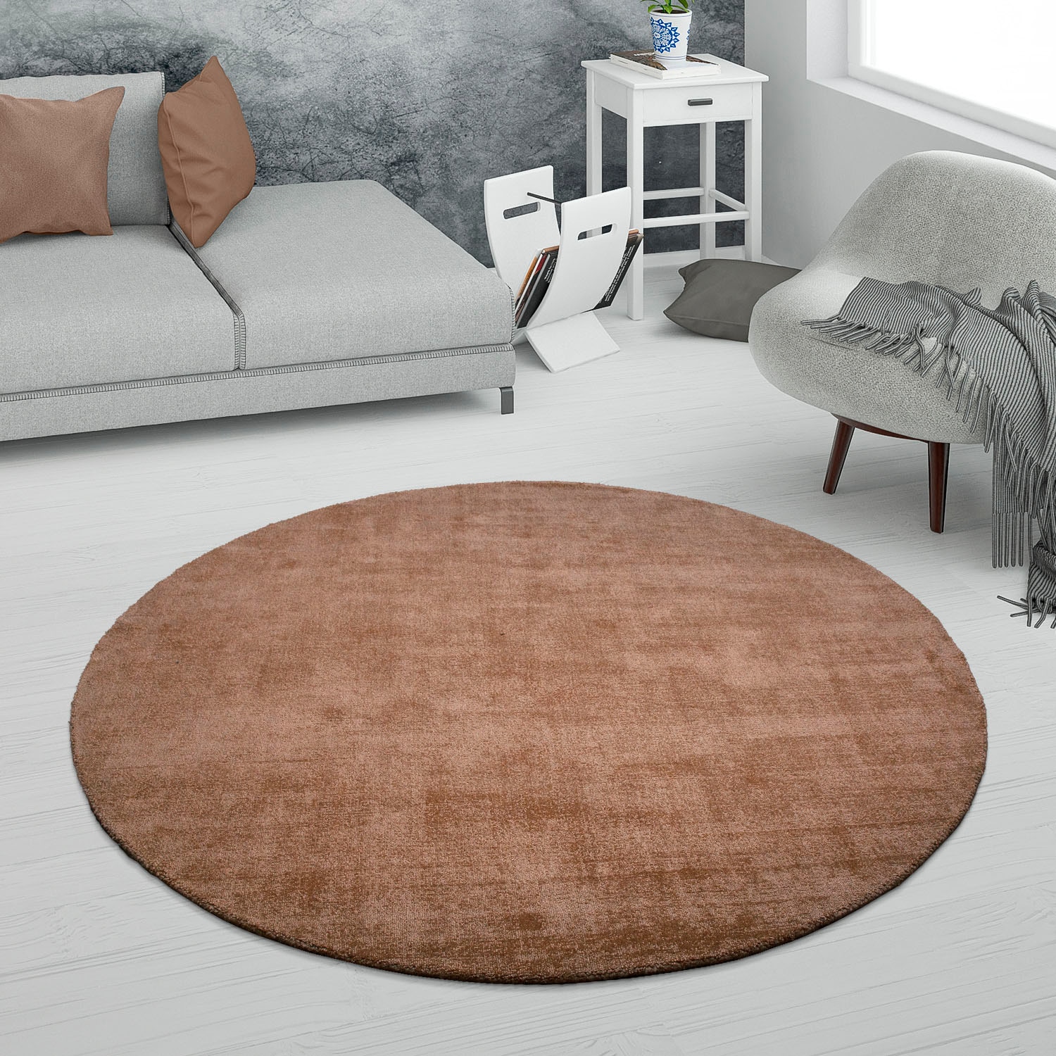 Paco Home Teppich »Randers 578«, rund, 14 mm Höhe, Kurzflor, Handweb Teppich, Uni Farben, handgewebt