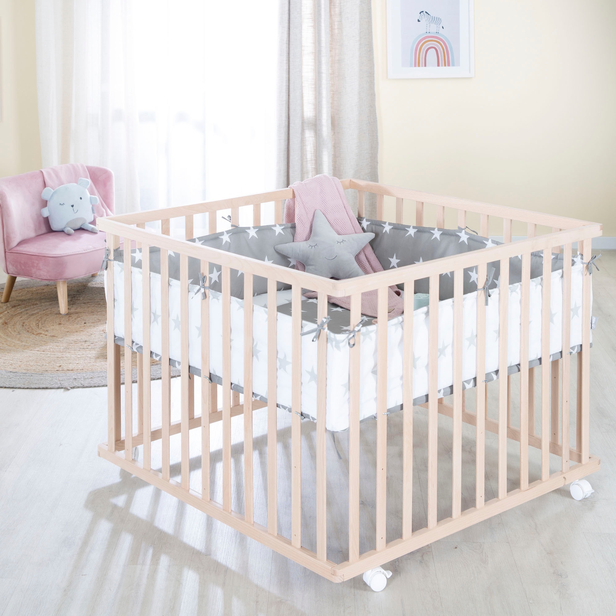 roba® Laufgitter »Little Stars, 100x100 cm, natur«, bis 15 kg, mit Stoffeinlage und Nestchen; höhenverstellbar