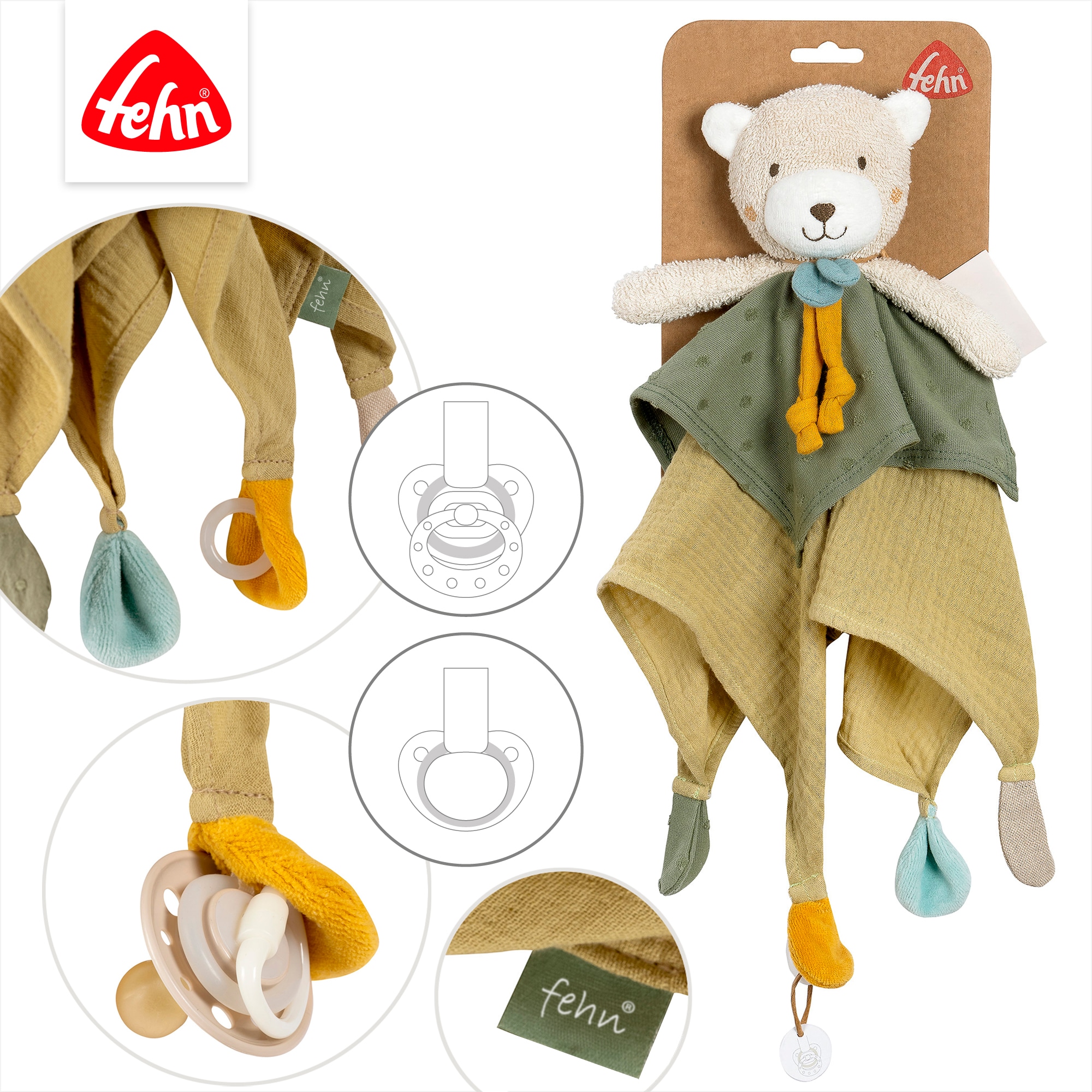 Fehn Doudou »Schmusetuch Bär« avec anneau de fixation pour sucette