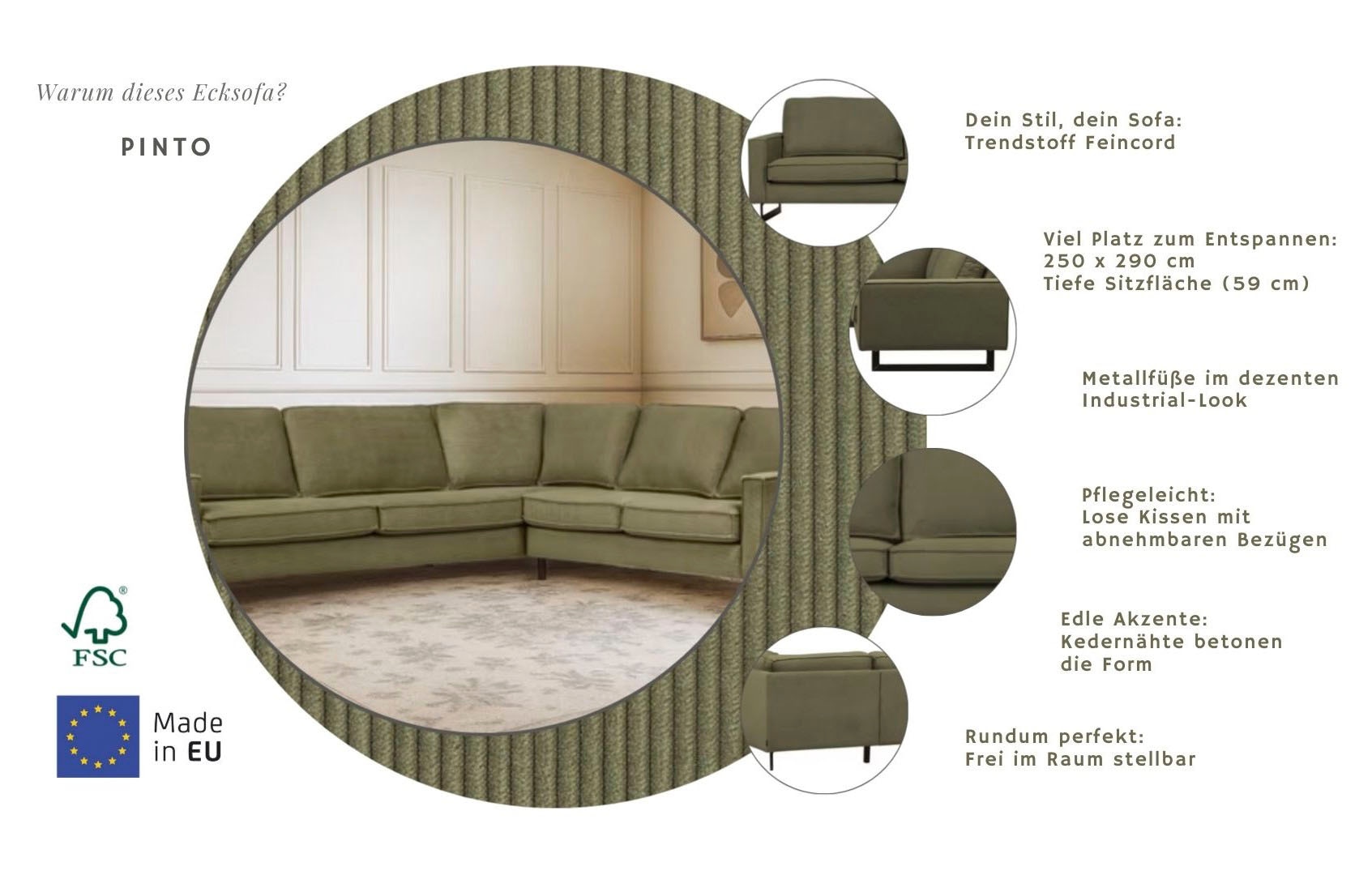 Home affaire Canapé d'angle »Pinto, XXL, 250/290 cm, langer Schenkel, Ottomane« Cord, Chenille, Lederoptik, mit Keder, Metallfüsse, Wellenunterfederung