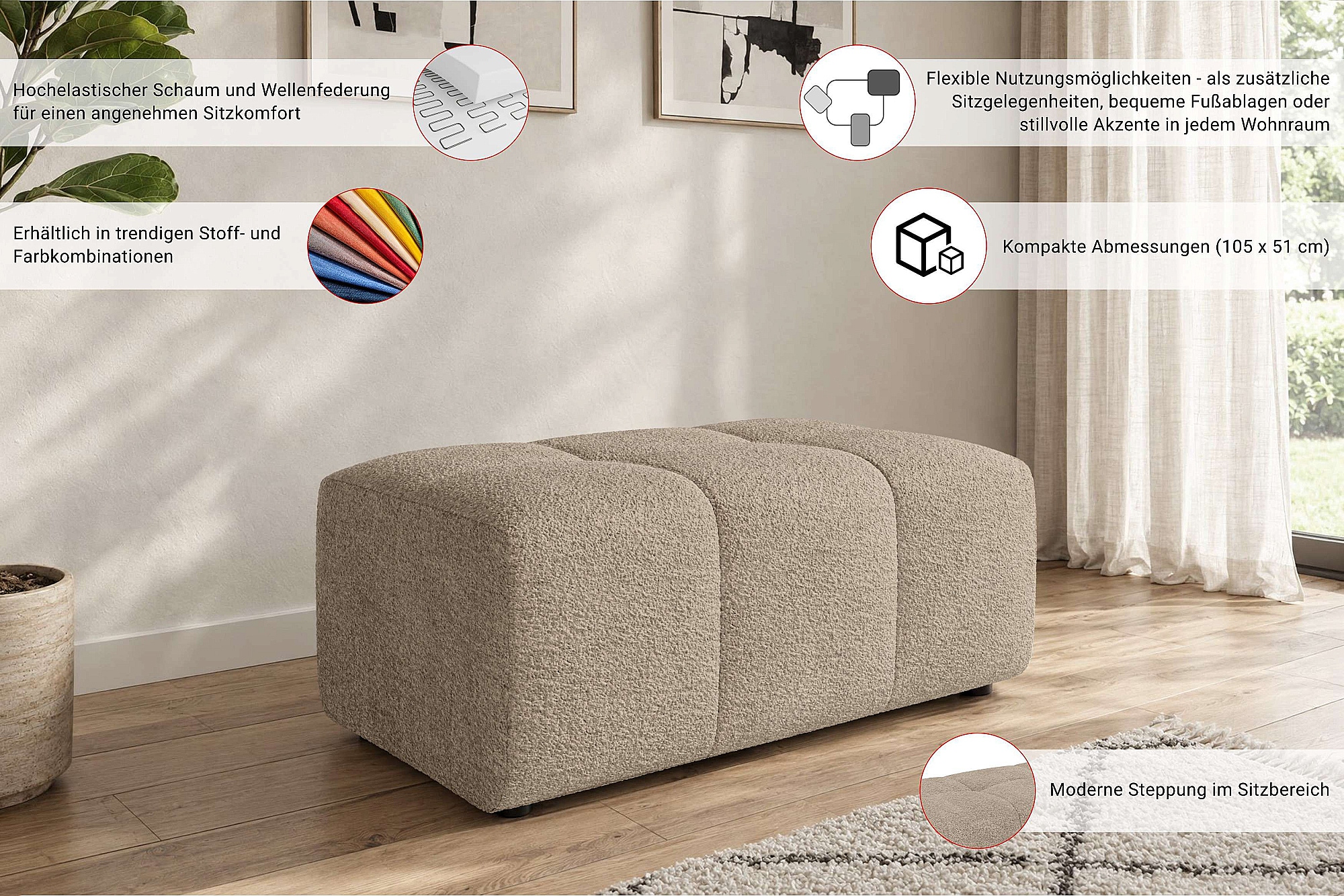 GOODproduct Polsterhocker »AVVELLA Sitzhocker passend zum Sofa, Breite 105 cm, Cord oder Struktur« mit hochelastischer Schaum und Wellenunterfederung