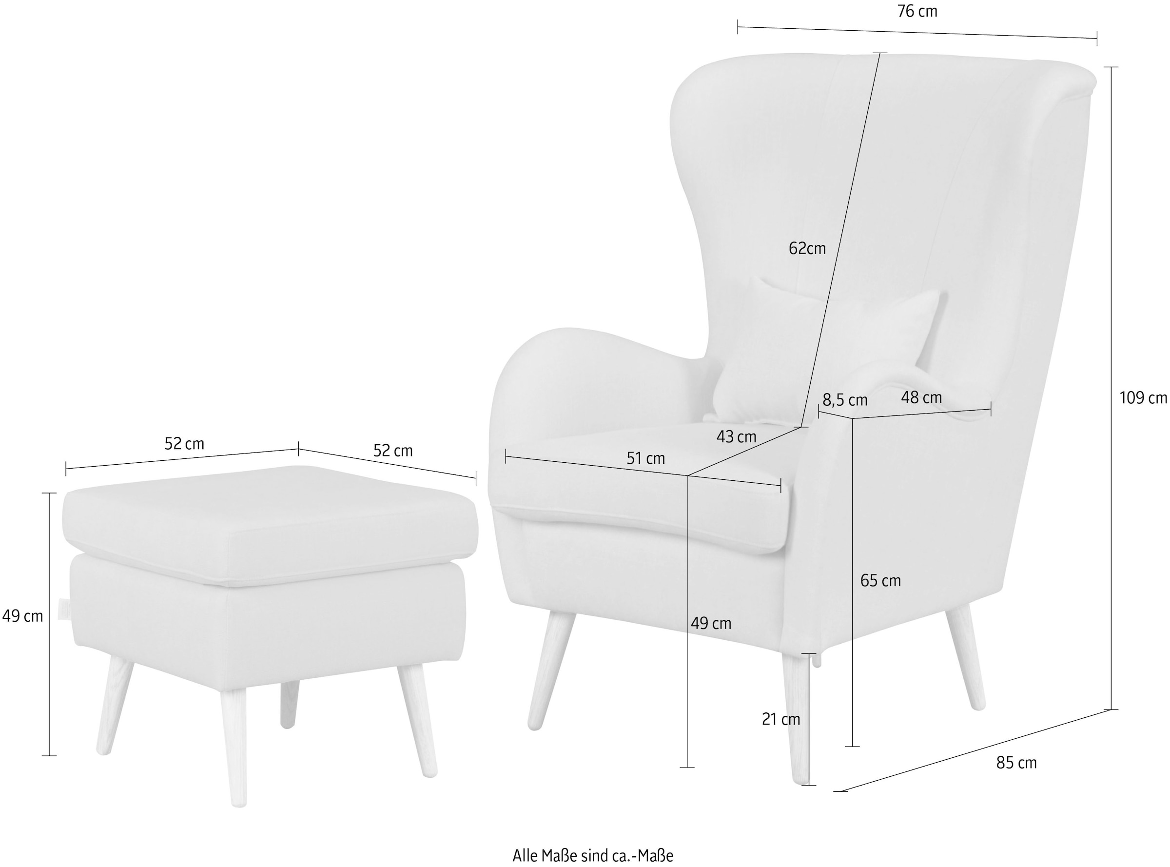 Guido Maria Kretschmer Home&Living Sessel »Sallito auch in Fellimitat und Feincord, Ohrensessel«, incl. Hocker, in vielen Bezugsqualitäten, Sessel B/T/H: 76/85/109 cm