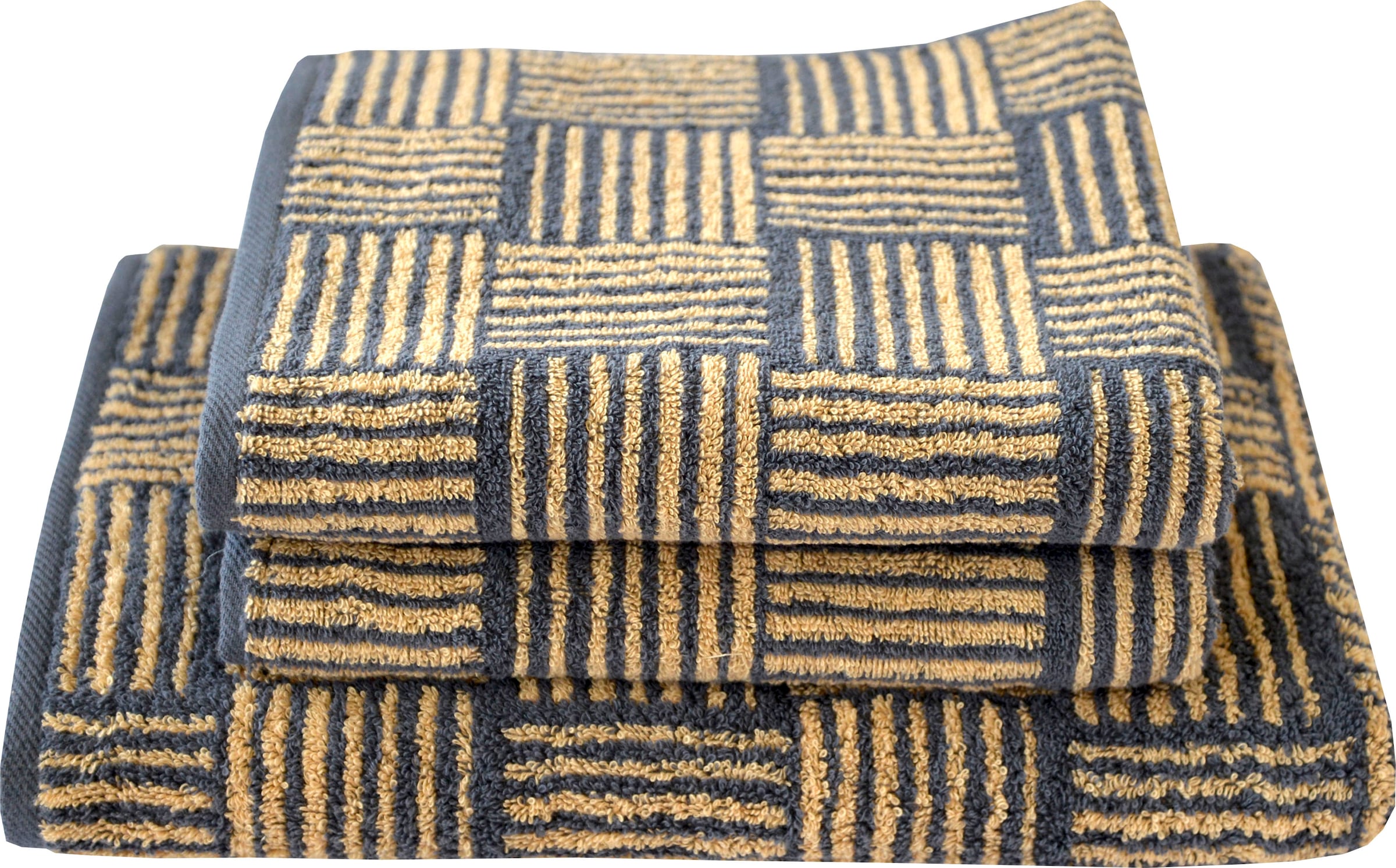 Image of Dyckhoff Handtuch Set "Golden Shades Basket" 3 Stk. Walkfrottier mit graphischem Muster;2 Handtücher (50x100cm), 1 Duschtuch (70x140cm)