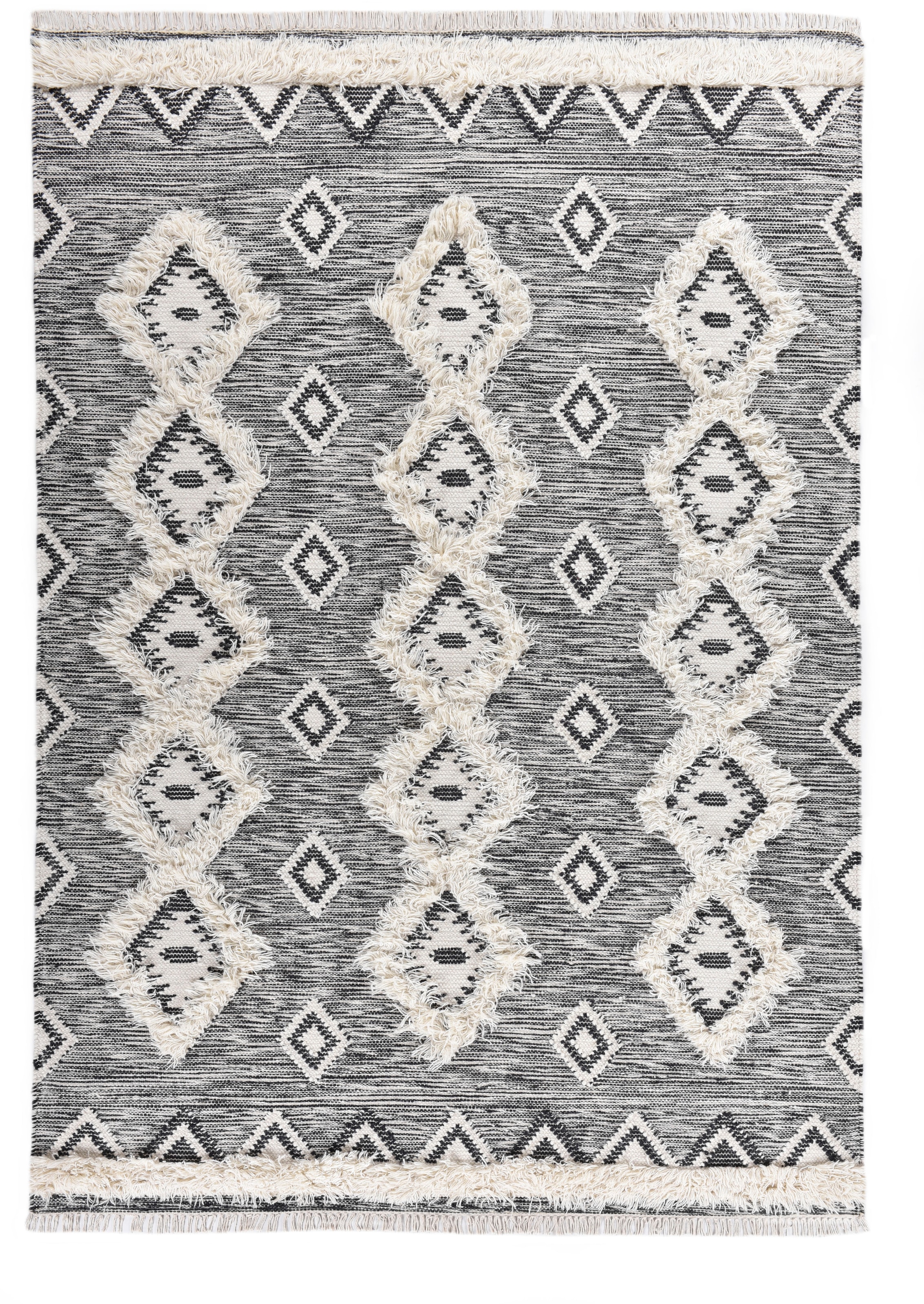 Image of THEKO Wollteppich "Mora - 14019" rechteckig 10 mm Höhe Handweb Teppich, reine Wolle, handgewebt, Rauten Design, mit Fransen