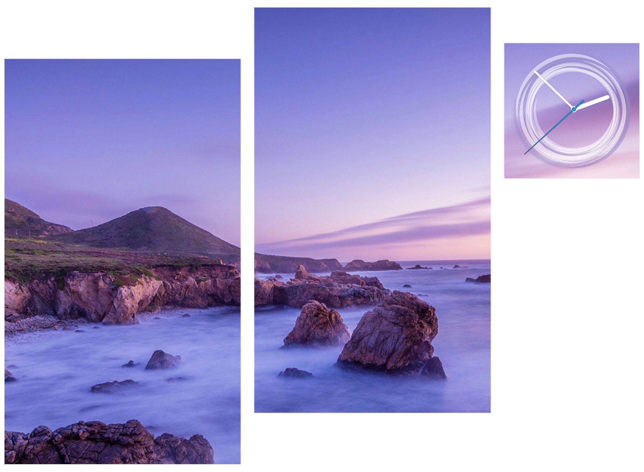 Image of Conni Oberkircher´s Bild »Violet Stones - Felsen im Meer«, Landschaften, (Set, (Set 3), mit dekorativer Uhr, Küste, Nebel, Entspannung bei Ackermann Versand Schweiz