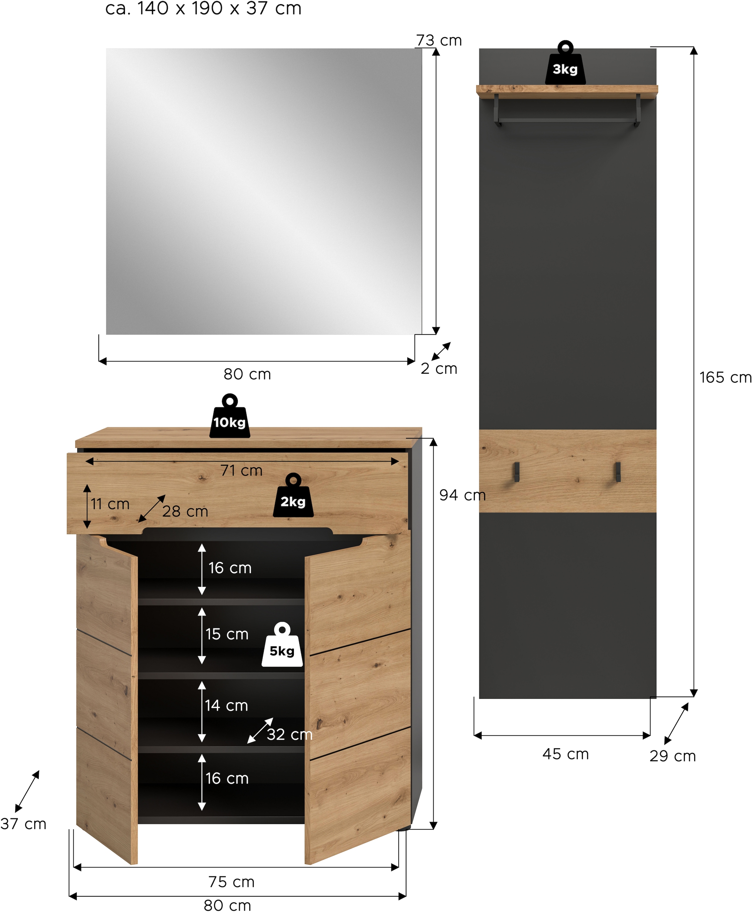 Home affaire Garderoben-Set »REHAT, TOPSELLER!, 3-teilig, Breite 140 cm, individuell erweiterbar« Set, bestehend aus: Kommode, Spiegel und Garderobenpaneel, 3 Stk. tlg.