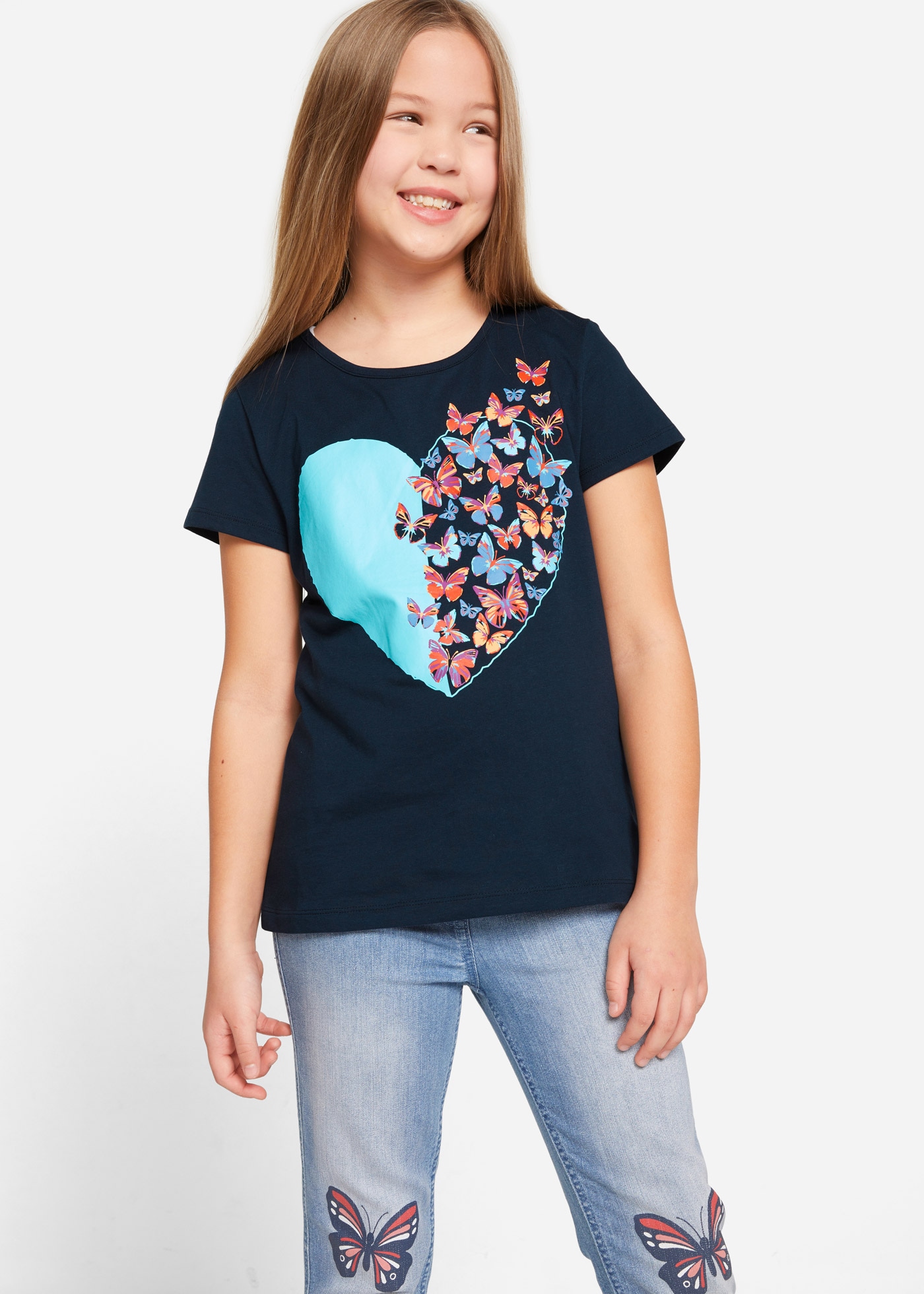 Image of bonprix T-Shirt Regular Fit, Kurzarm, aus Baumwolle, mit Schmetterlings-Print