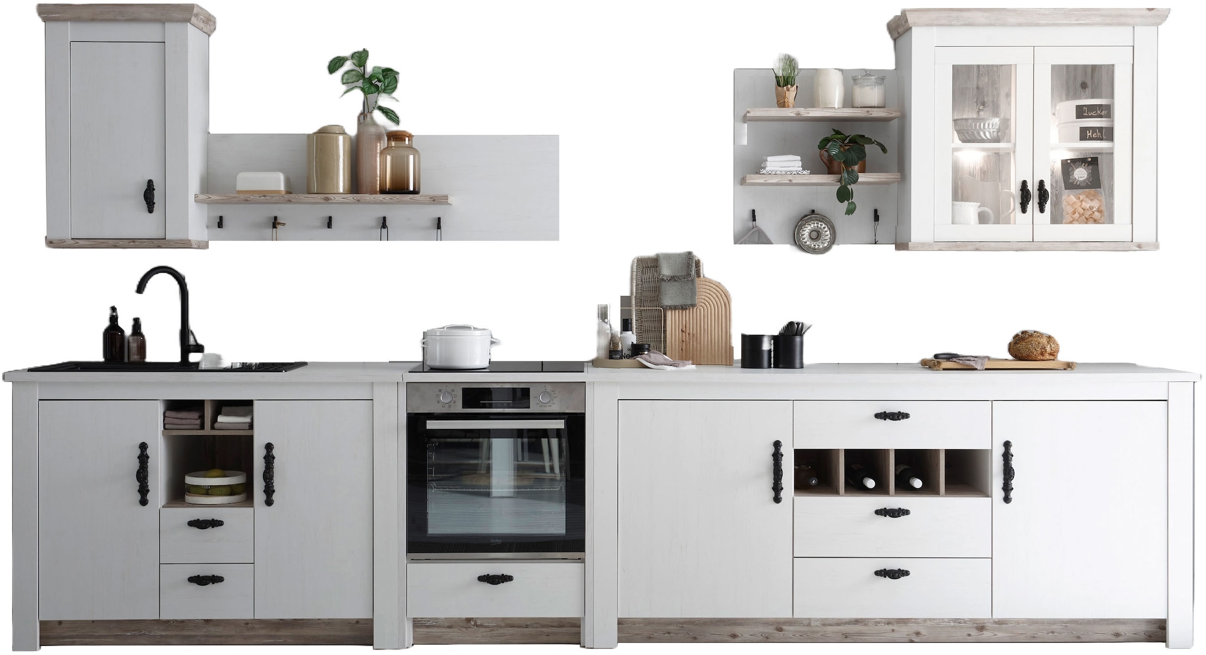 Image of Home affaire Küchenzeile "Florenz, Küche in Pinie Weiss, mit Herdumbau, ohne E-Geräte" Set, Breite 394 cm, mit verschnörkelten Metallgriffen, Arbeitshöhe 92 cm