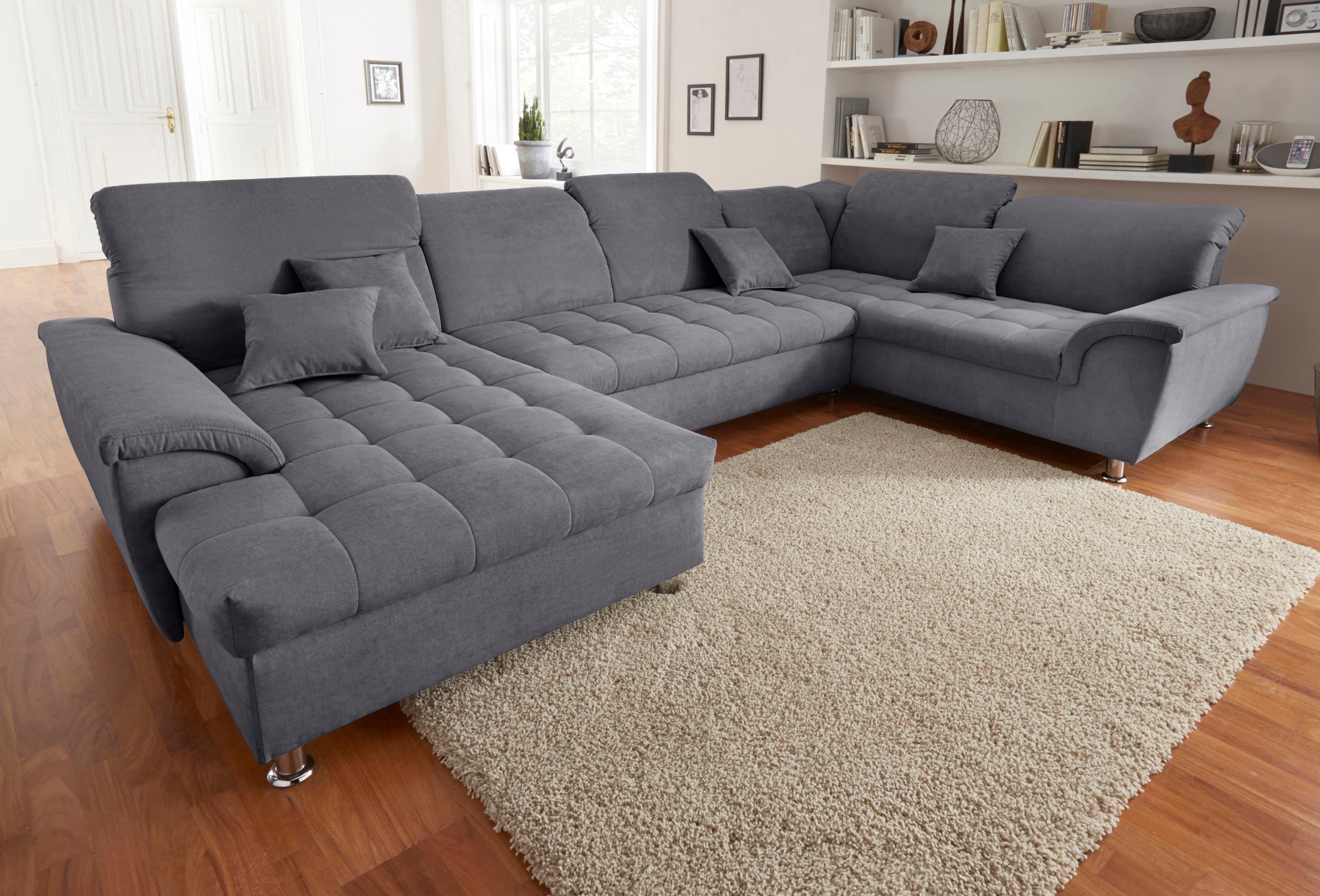 DOMO collection Wohnlandschaft »Franzi, optinal mit Bettfunktion & Bettkasten & Kopfteilverstellung«, XXL-Sofa, Recamiere links, dunkelgrau, B/T: 352/214 cm