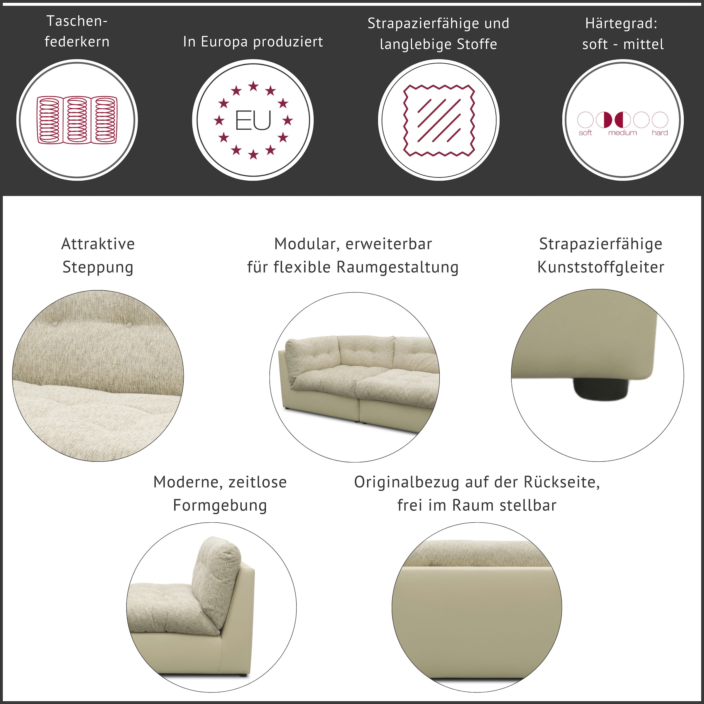 DOMO collection Élément de canapé »Caleo, 121 cm breit, modular, grosszügige Polsterung, Federkern« erweiterbar mit weiterem Sofaelement, Einzelsofa und Eckelement