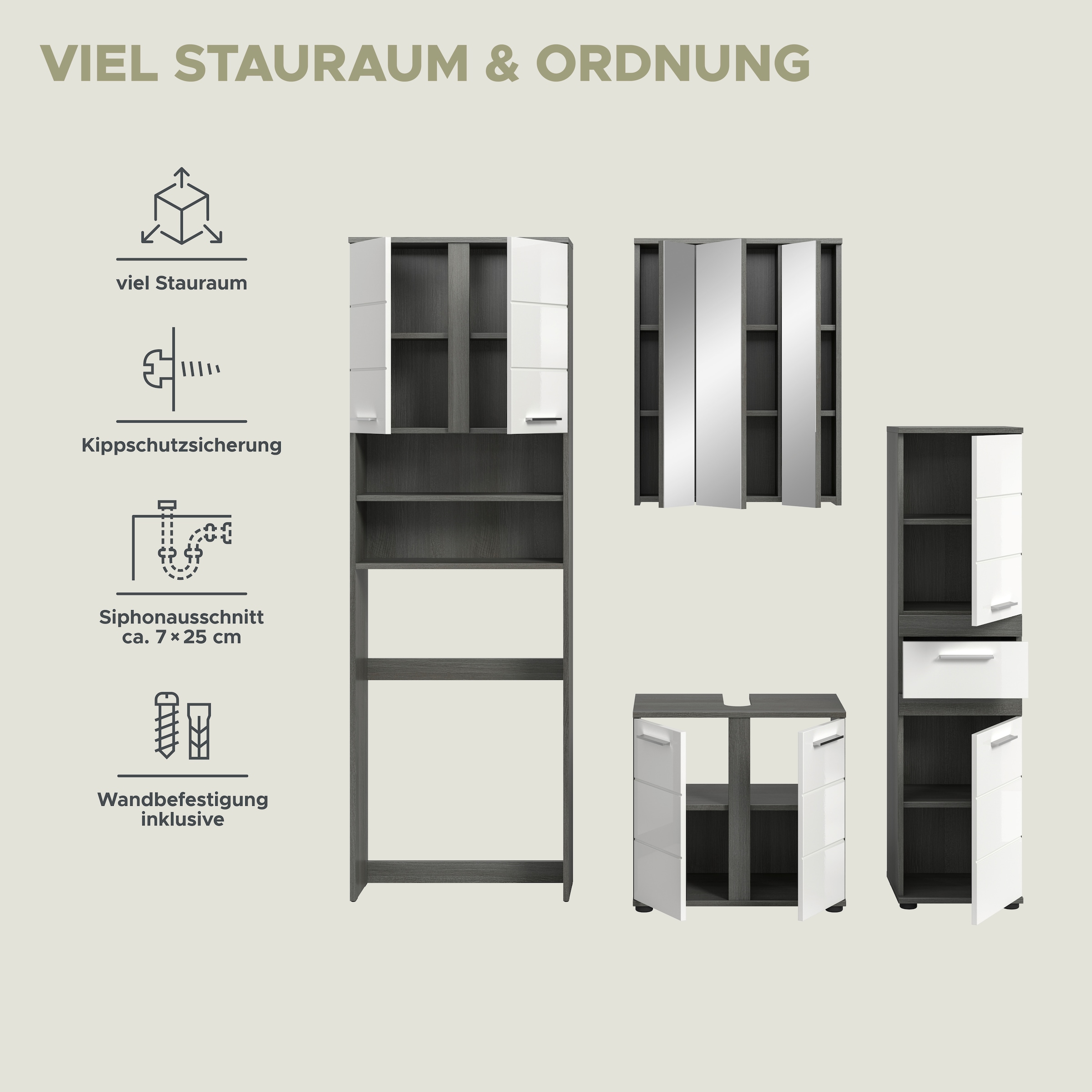 welltime Badmöbel-Set »LUCCA, 4-tlg. Badkombination, viel Stauraum, modernes Design« 4 Stk. tlg.