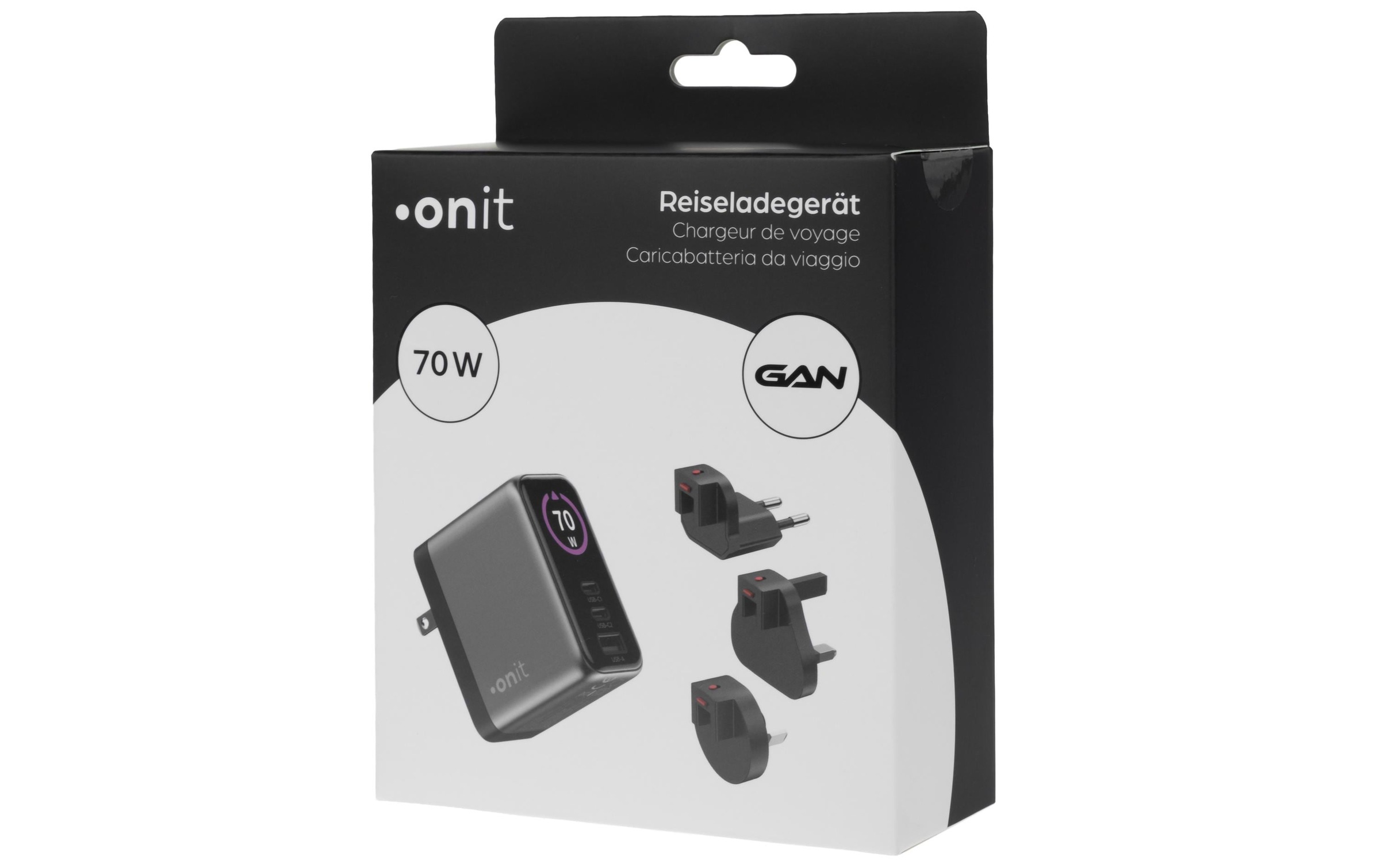onit Chargeur USB »Travel 2C1A 70 W GaN« Chargeur de voyage avec adaptateurs interchangeables pour utilisation mondiale