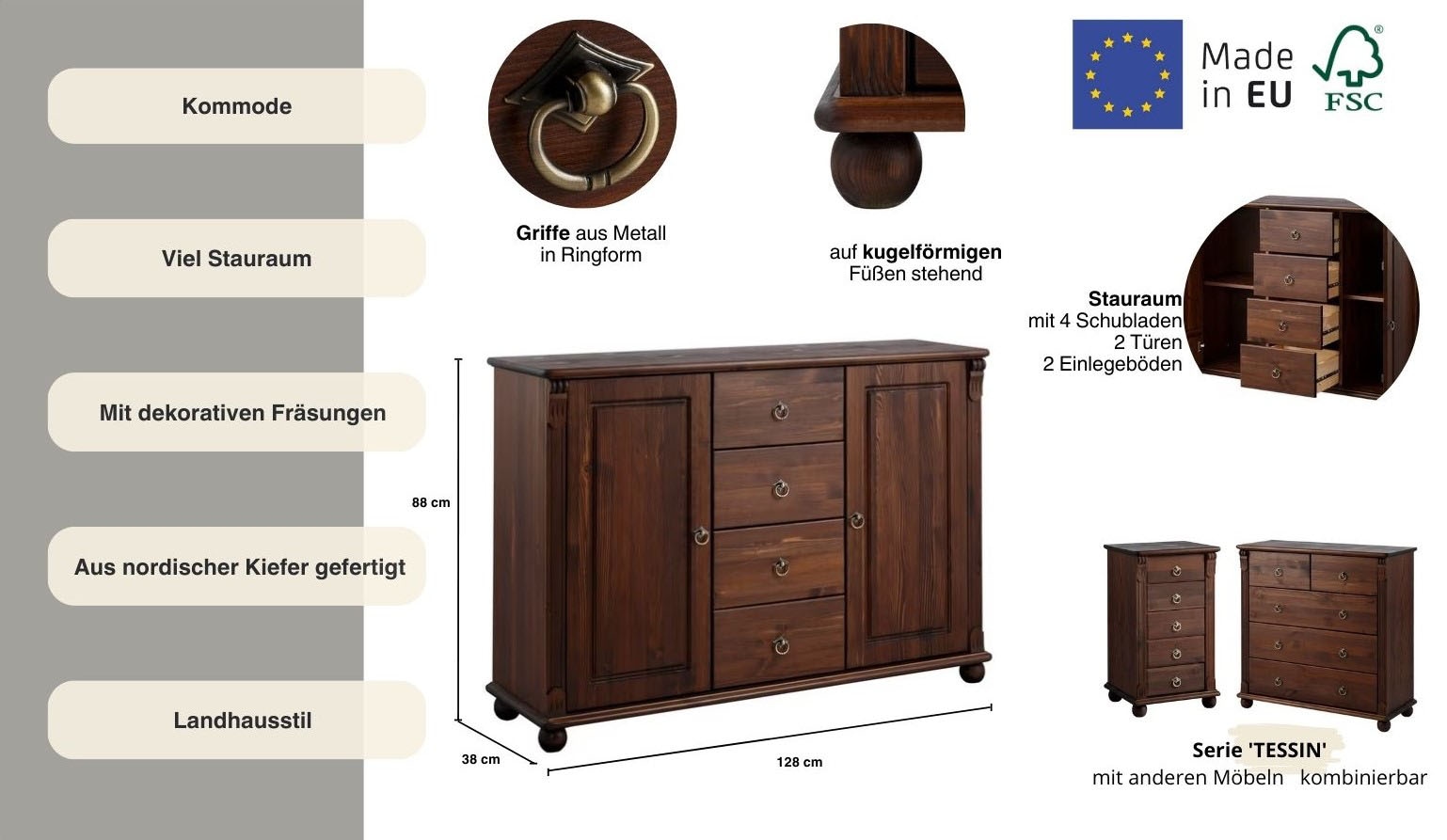 Home affaire Kombikommode »Tessin; Buffetunterschrank, klassischer Landhausstil«, aus massiver, FSC®-zertifizierter Kiefer, 128cm breit