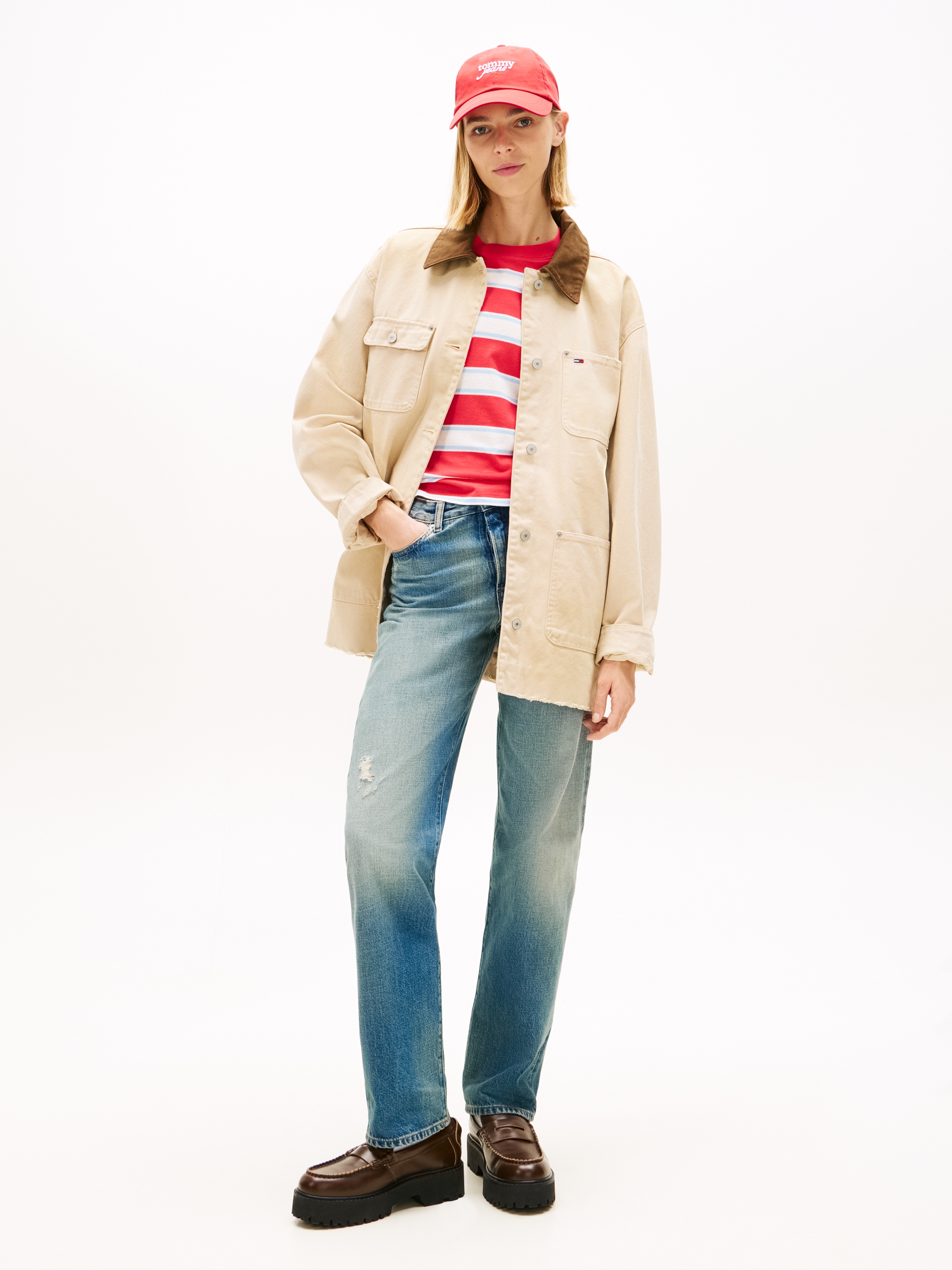 Tommy Jeans Langjacke »TJW OVS DISTRESSED CHORE JACKET« mit farblich abgesetztem Umlegekragen, Oversized Fit