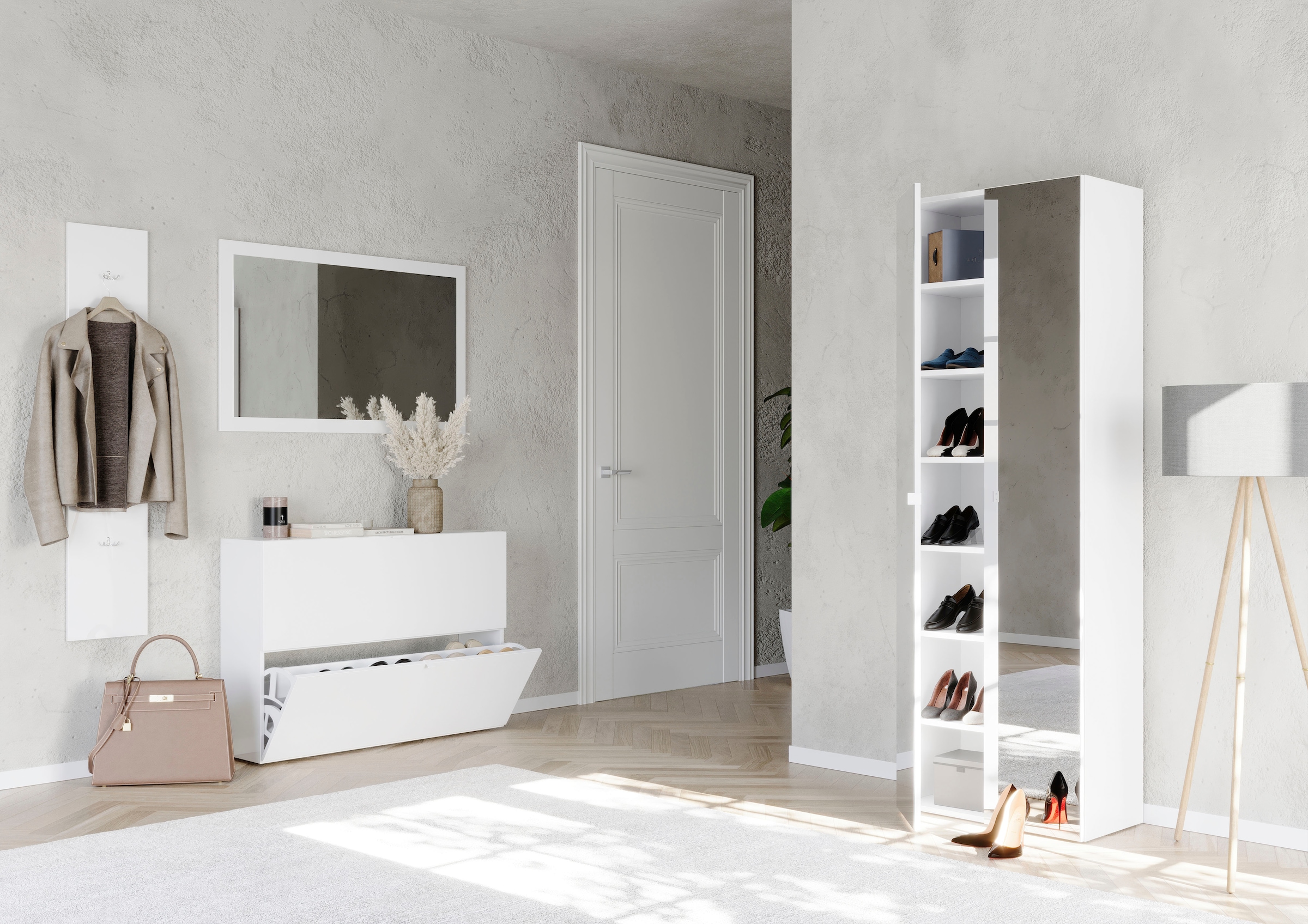 INOSIGN Schuhschrank »SMILE Breite 104 cm, 2 Klappen, komplett Weiss Hochglanz lackiert,«, Schuhkipper hängend o. stehend montierbar, 4 Fächer, Metallgriffe