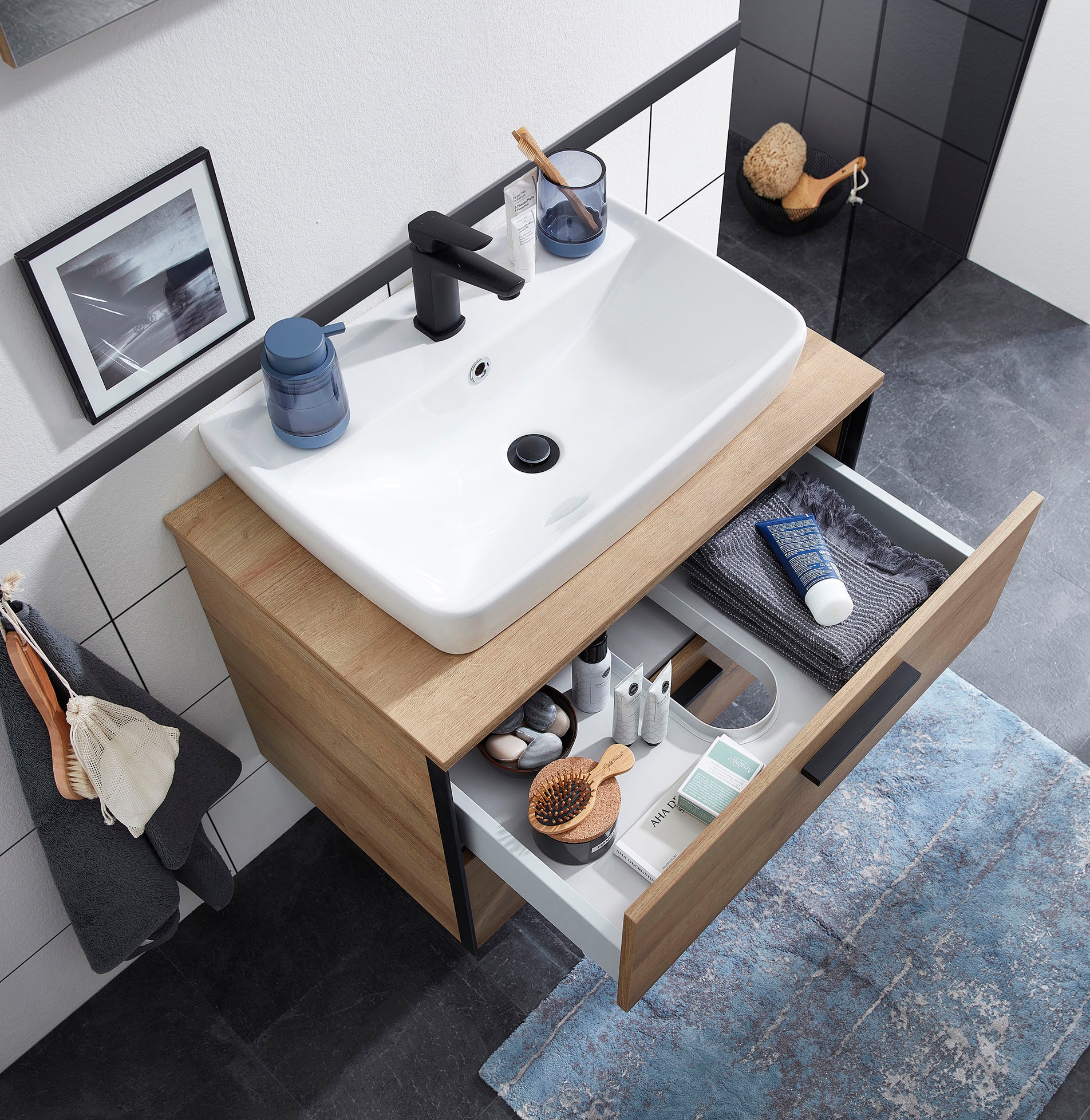 Saphir Ensemble de meubles de salle de bain »Quickset 395 2-teilig, Keramik-Aufsatzbecken mit LED-Spiegel« 4 cuis tlg.