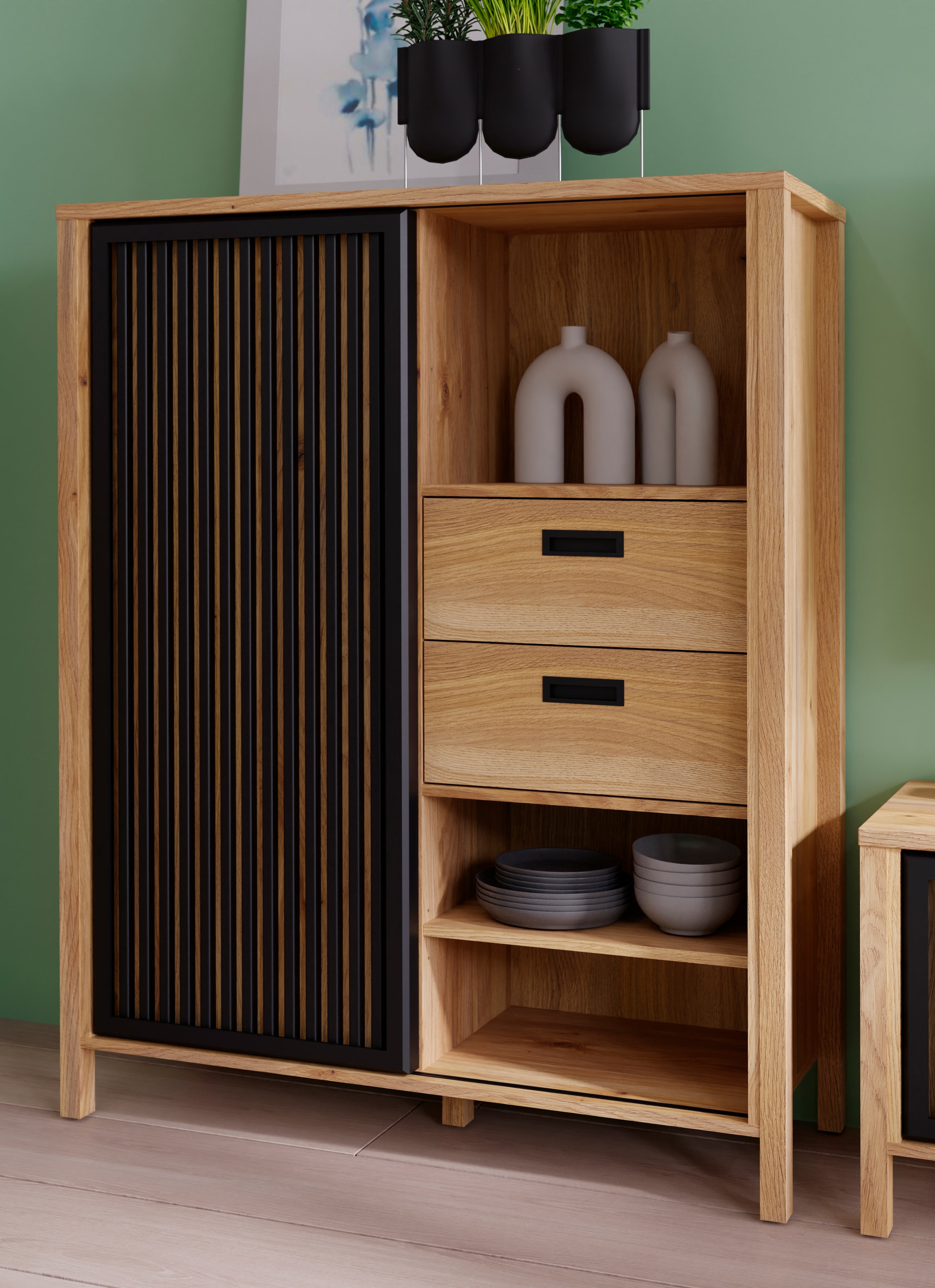 Image of FORTE Highboard "Jytana" Breite 103,4 cm, Schiebetüre mit Lamellenoptik, Mauvella Eiche/Schwarz