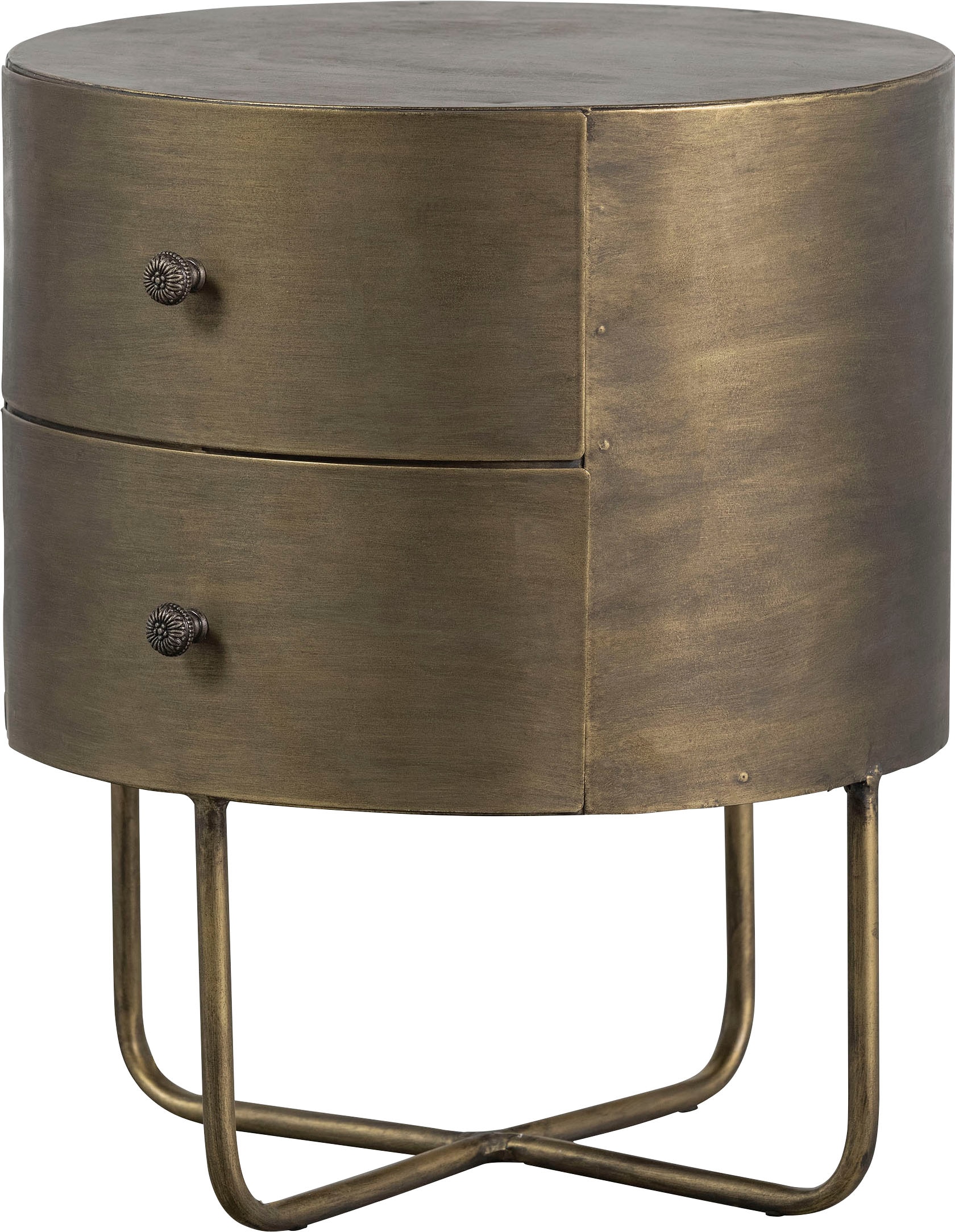 WOOOD Beistelltisch »Glossy Metall Antique-Brass-Beschichtung, H 48 x B 39 x T 39 cm« Zwei Schubladen ohne Schienen, pfleigleicht, fertig montiert geliefert