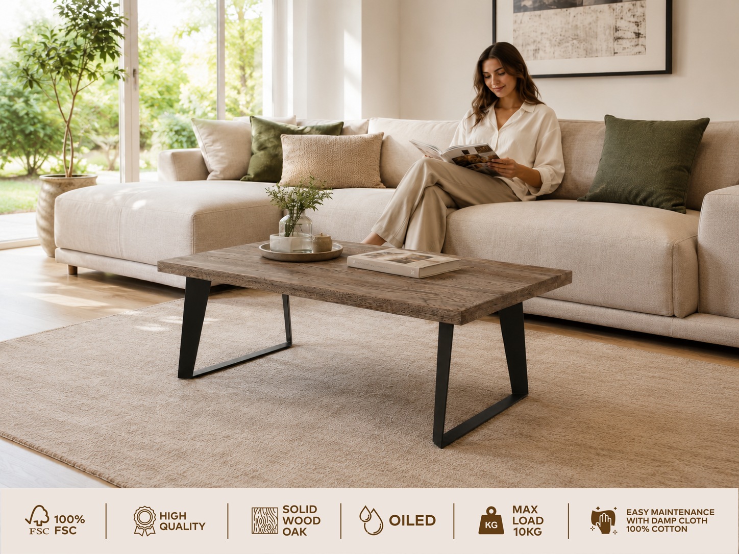 GOODproduct Couchtisch »Skagen, Wohnzimmertisch, Sofatisch, Beistelltisch, Kaffeetisch« Wildeiche geölt, Natur/Smoke, gerade Kante, Metallgestell