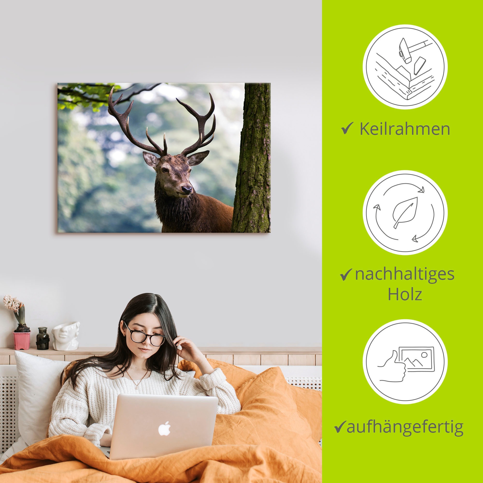 Artland Leinwandbild »Hirsch« Wildtiere 1 Stk. tlg. auf Holzrahmen gespannt