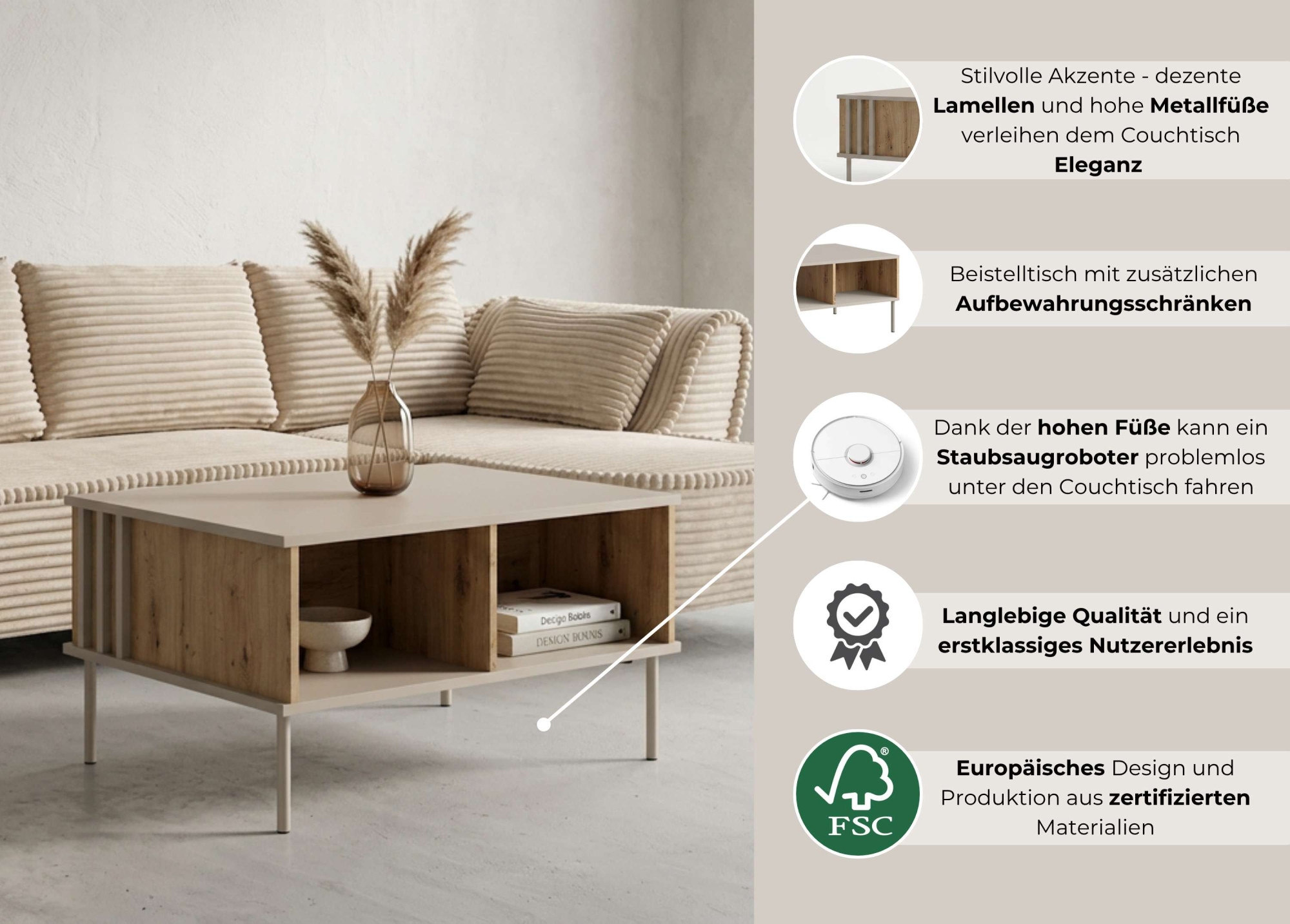GOODproduct Couchtisch »AAELIN Kaffeetisch mit viel Stauraum, modernes Design« Beistelltisch mit zusätzlichen Aufbewahrungsschränken