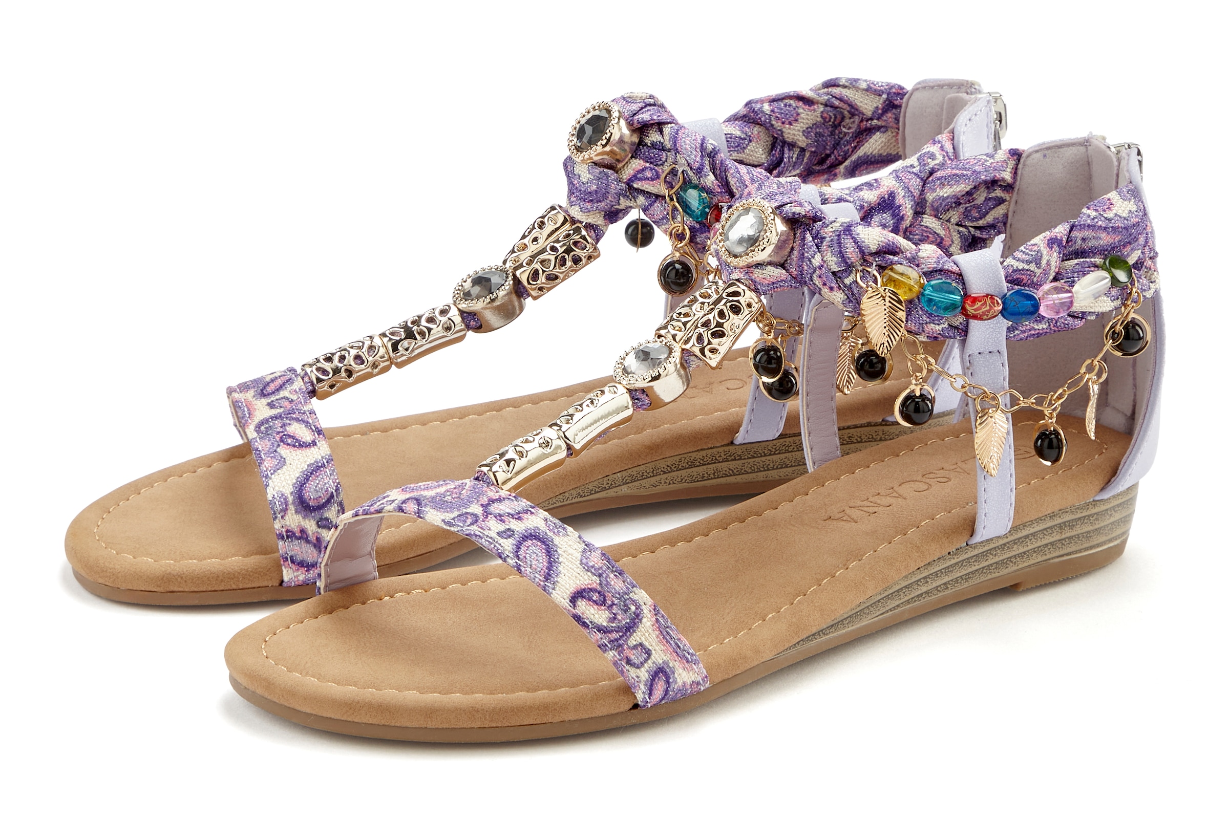Image of LASCANA Sandale "Sommerschuh, Sandalette, offener Schuh," mit Schmuckkettchen und Schmucksteinen im Festival-Look VEGAN