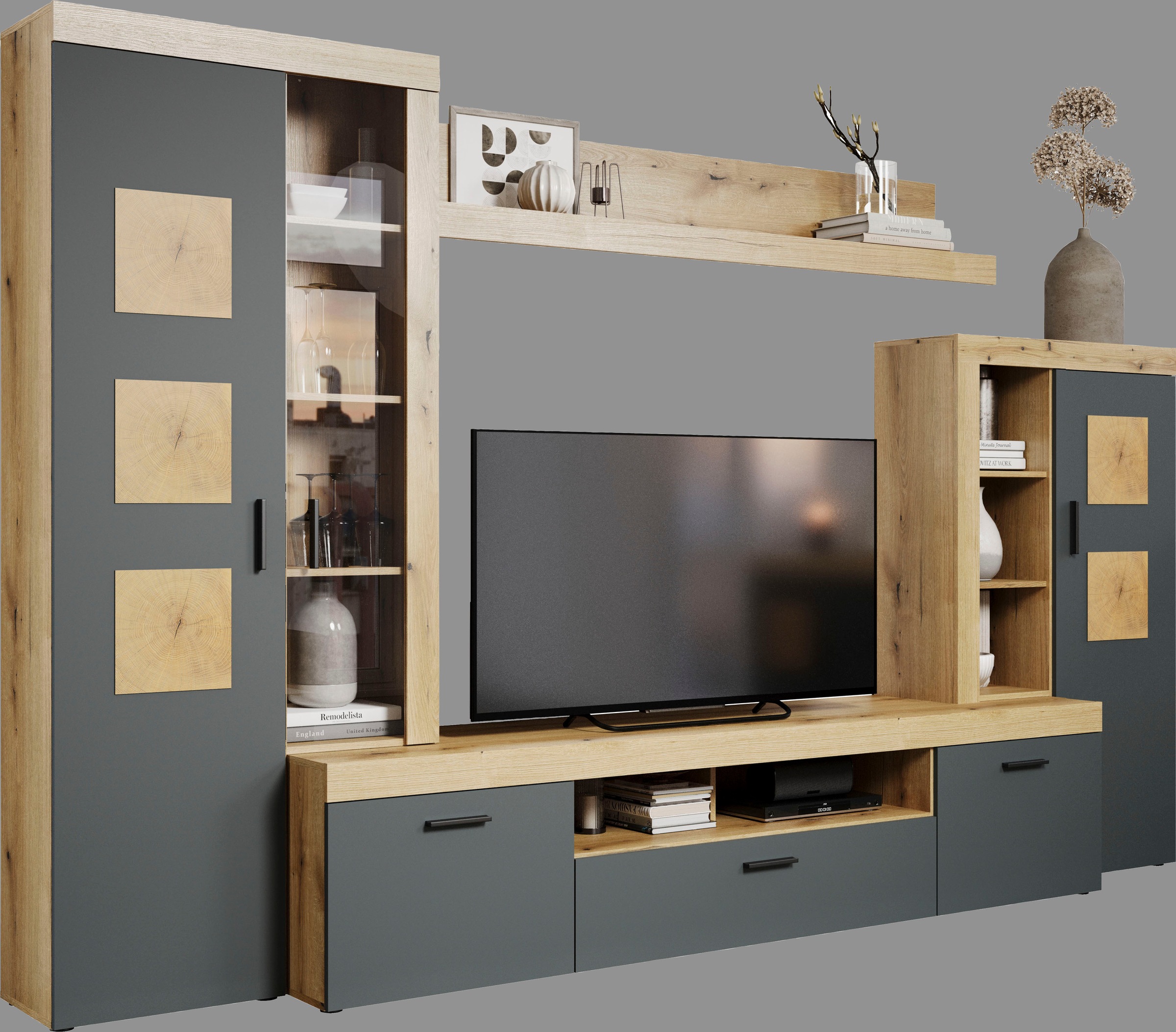 Home affaire Wohnwand »Ghent«, (Komplett-Set, 4 St.), Mit Hirnholzapplikationen - Aufgebaut (B/T/H): 331/52/206 cm
