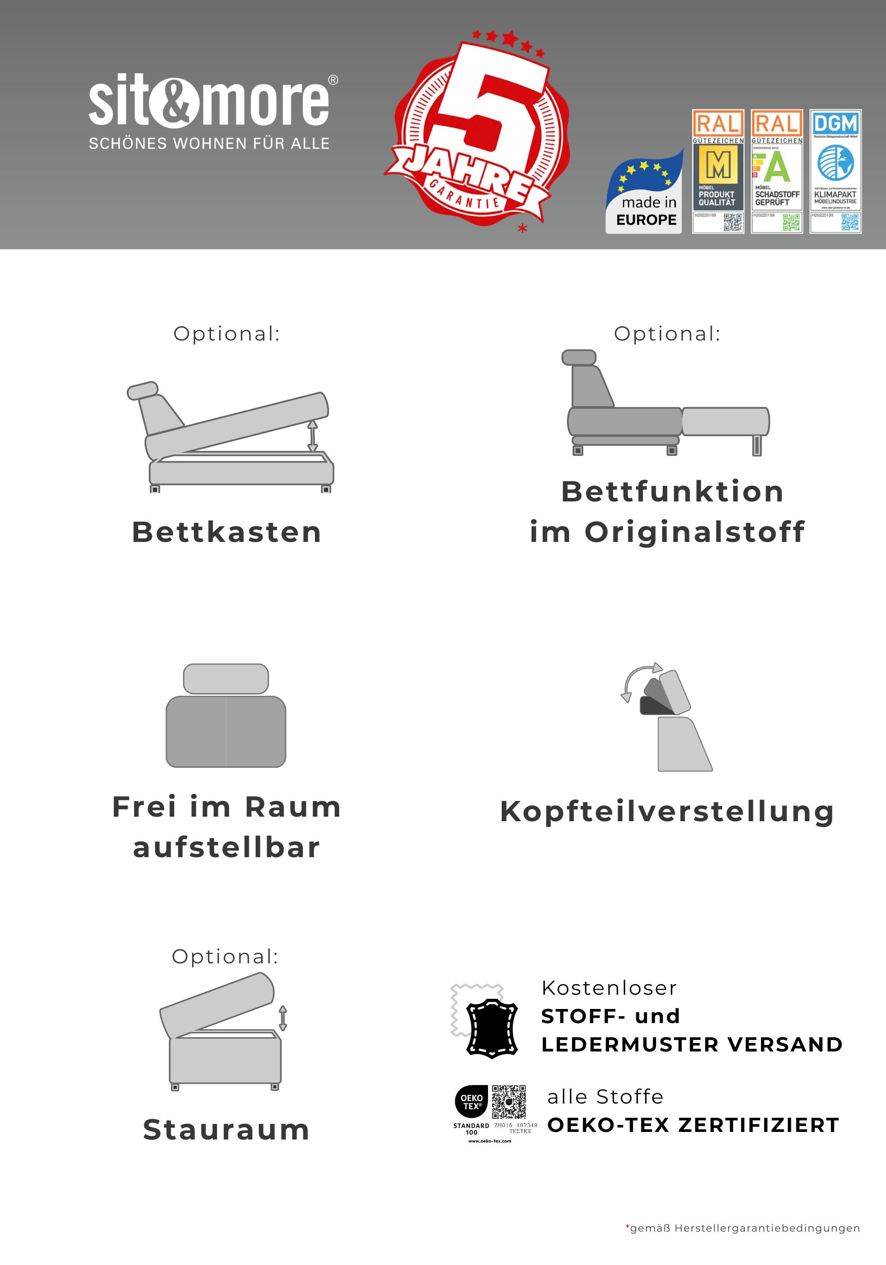 sit&more Canapé d'angle »Cabrio L-Form, B: 295 cm, mit Sitztiefen-, Arm- & Kopfteilverstellung« 2 coussins lombaires, ressorts ensachés, fonction couchage et rangement en option