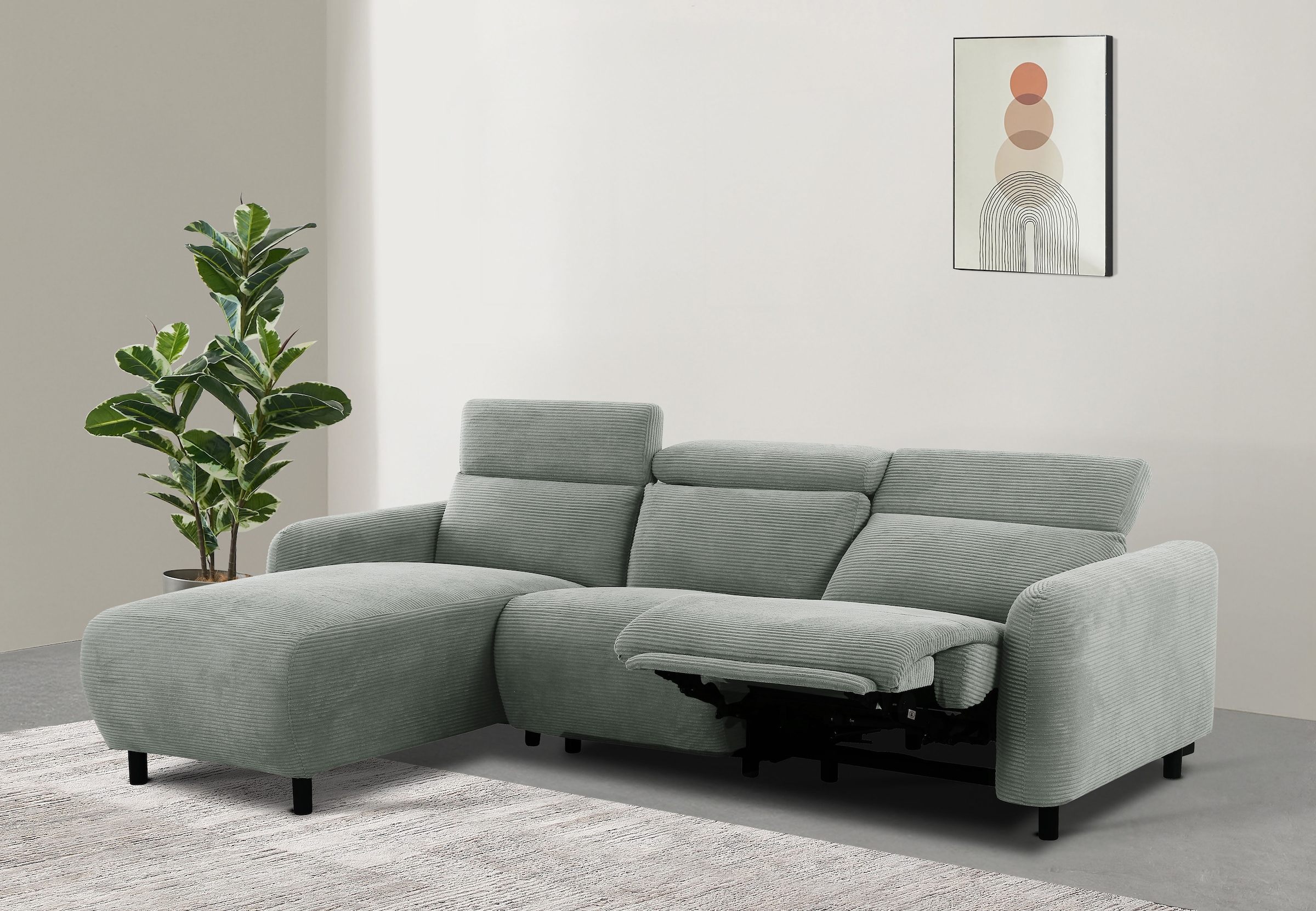 Home affaire Ecksofa »SKAANE in Cord, L-Form, 274 cm, manuelle u. elektrische Relaxfunktion,« rundes Design, Kopfteilverstellung, Federkernpolsterung