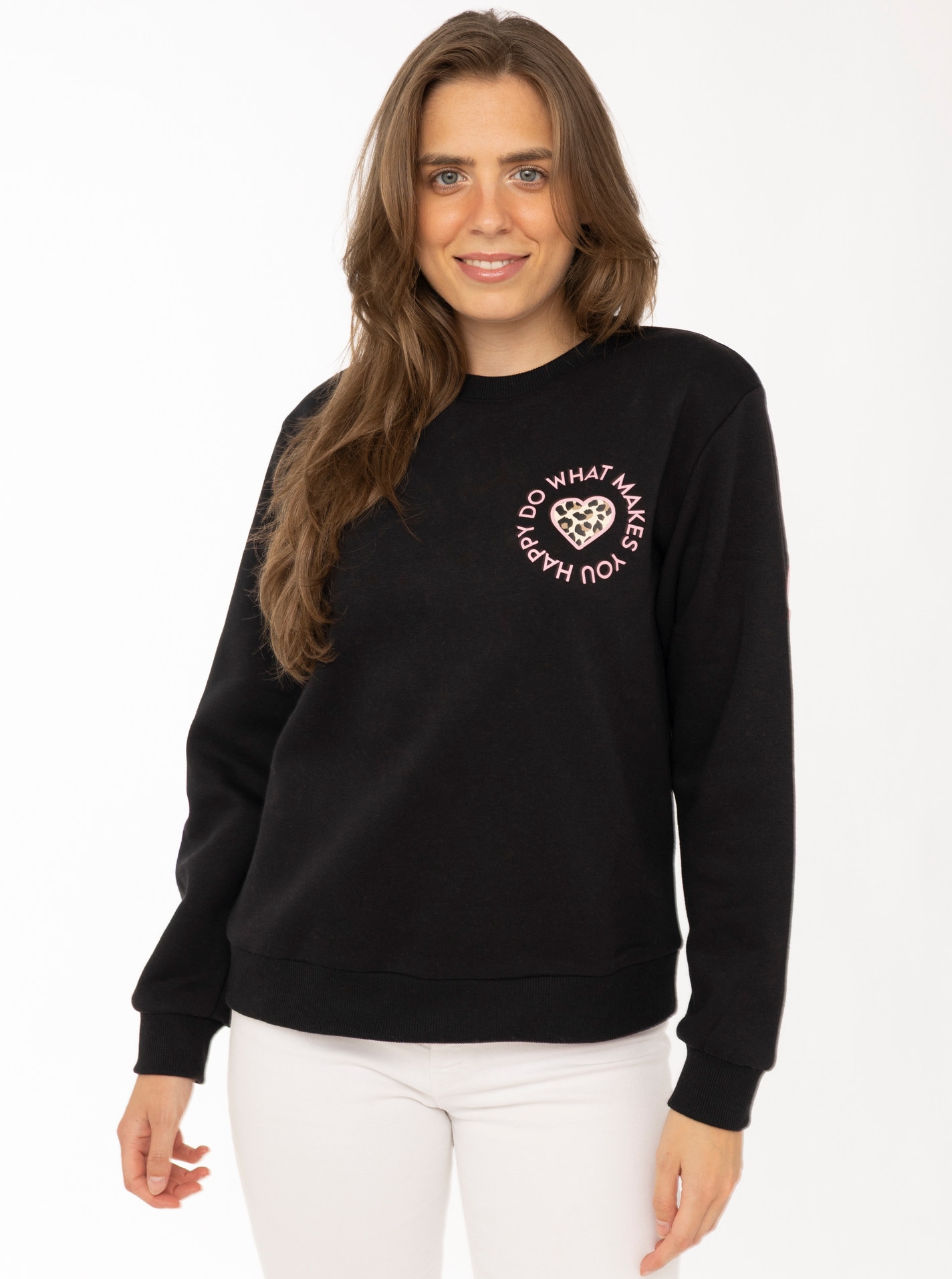 Image of Zwillingsherz Sweatshirt ""Happy Leo Lettering"", Rundhals, grosser Leo-Schriftzug auf der Schulter, elastische Bündchen
