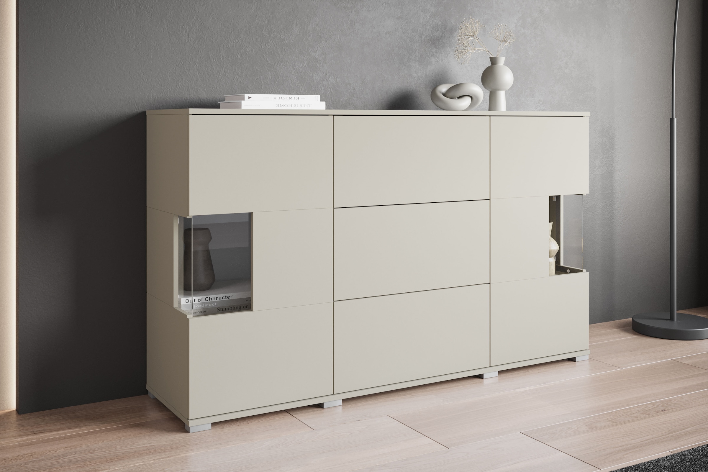 GOODproduct Sideboard »Kenia« 1 Stk. tlg. Sideboard mit 3 Schubladen, 6 Fächern, Glastüren, Breite 150 cm