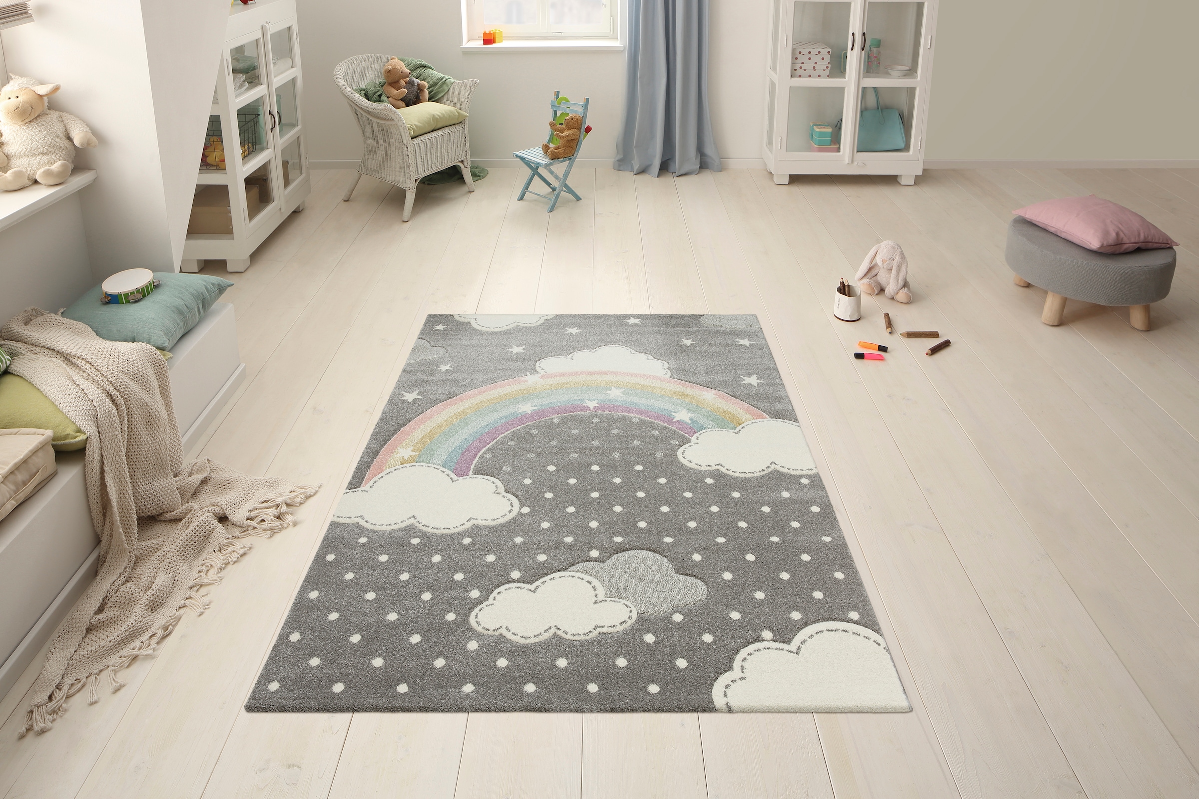 Lüttenhütt Kinderteppich »Regenbogen«, rechteckig, 13 mm Höhe, Kurzflor, Hoch-Tief-Struktur, Wolken, Punkte, Sterne, Pastell-Farben