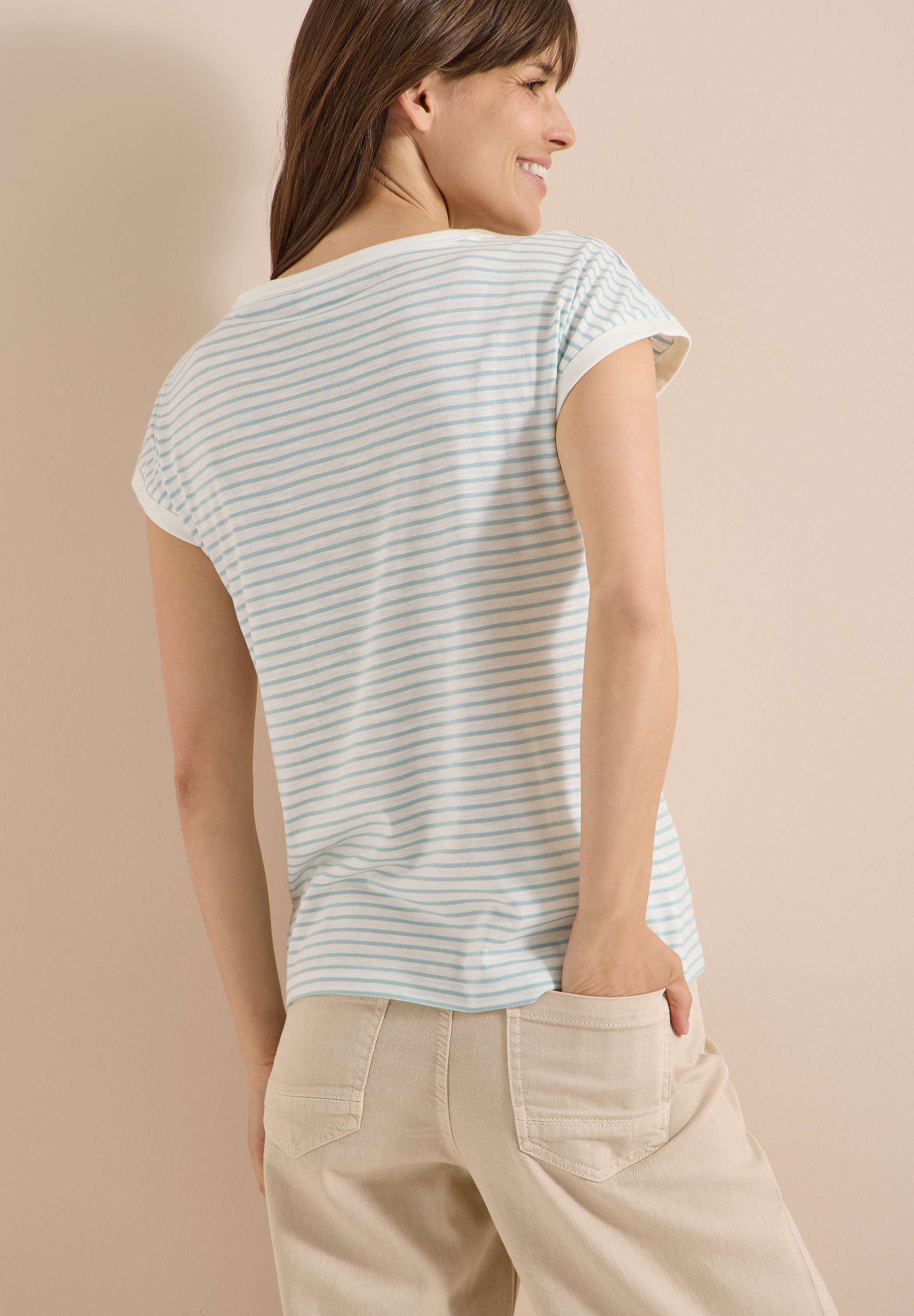 Cecil T-shirt lässiger Streifenlook, Rundhals, softer Materialmix