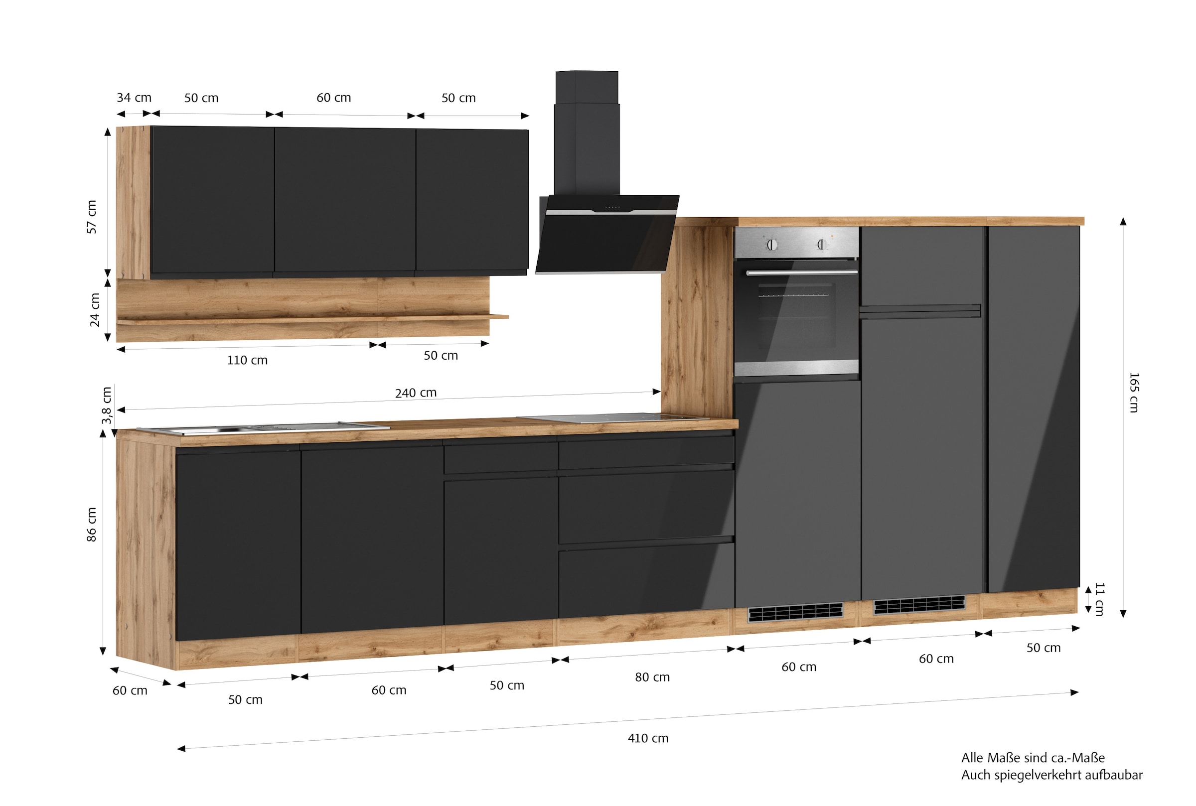 KOCHSTATION Kitchenette »KS-Virginia,neu in verbesserter Ausführung« plan de travail épaisseur 38 mm, rangement, fermeture douce,  largeur 410 cm, softclose, optionnellement avec appareils électriques et induction