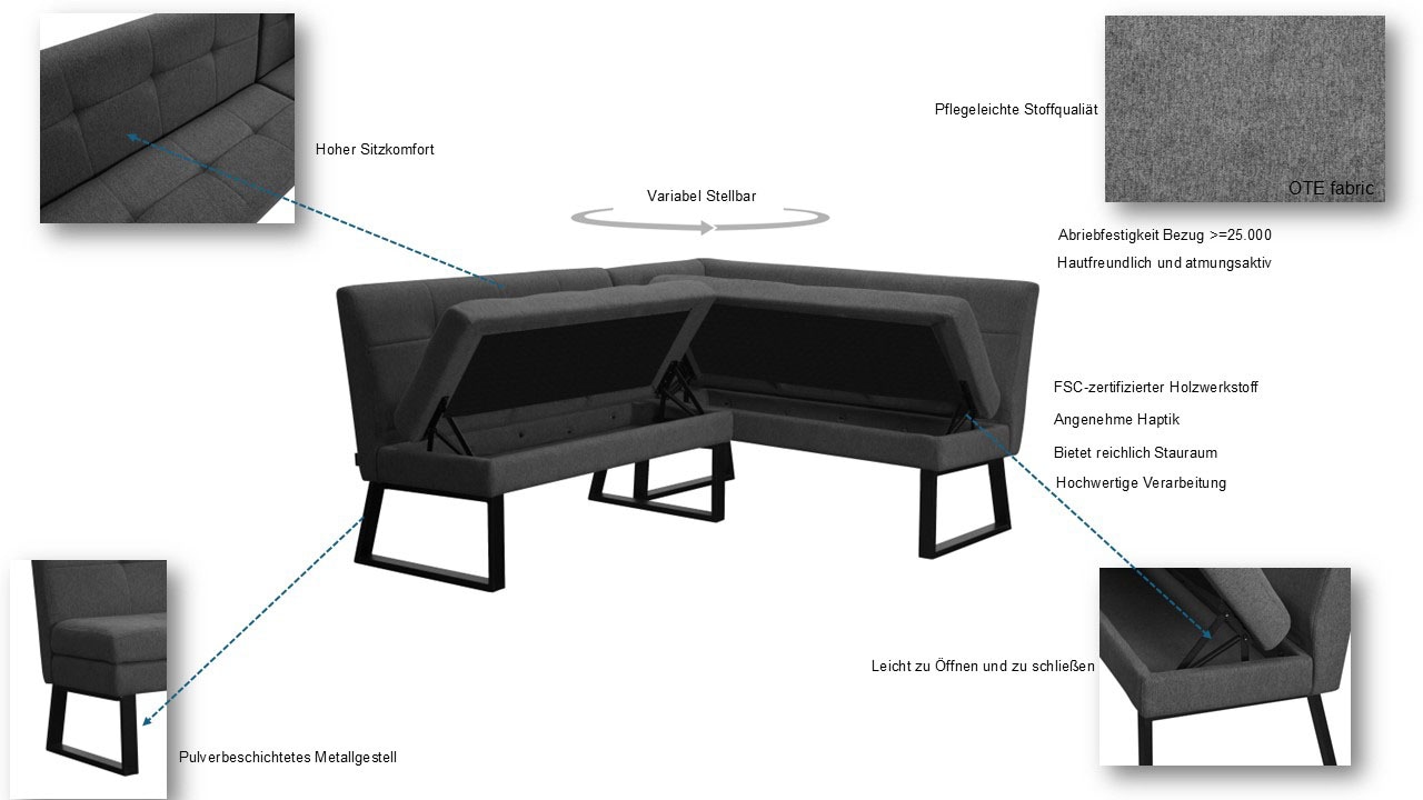 GOODproduct Eckbank »Geranie, Sitzbank, Essbank, pflegeleichter Strukturstoff« Eckbank inkl. Stauraum, Pulverbeschichtetes Metallgestell