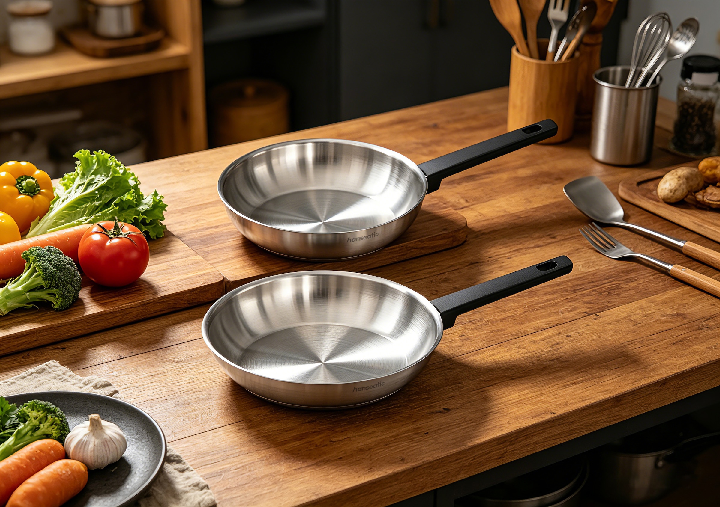 Hanseatic Set de poêles »SMART« Acier inoxydable 18/10 Ensemble, 1 poêle Ø 24 cm et 28 cm, 2 tlg. sans revêtement, économe en énergie, pour tous types de plaques, y compris induction
