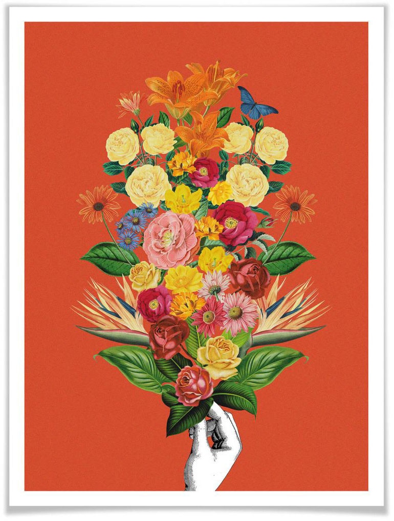 Poster »Botanical Rot Blumenstrauss«, Schriftzug, (1 St.), Poster ohne Bilderrahmen