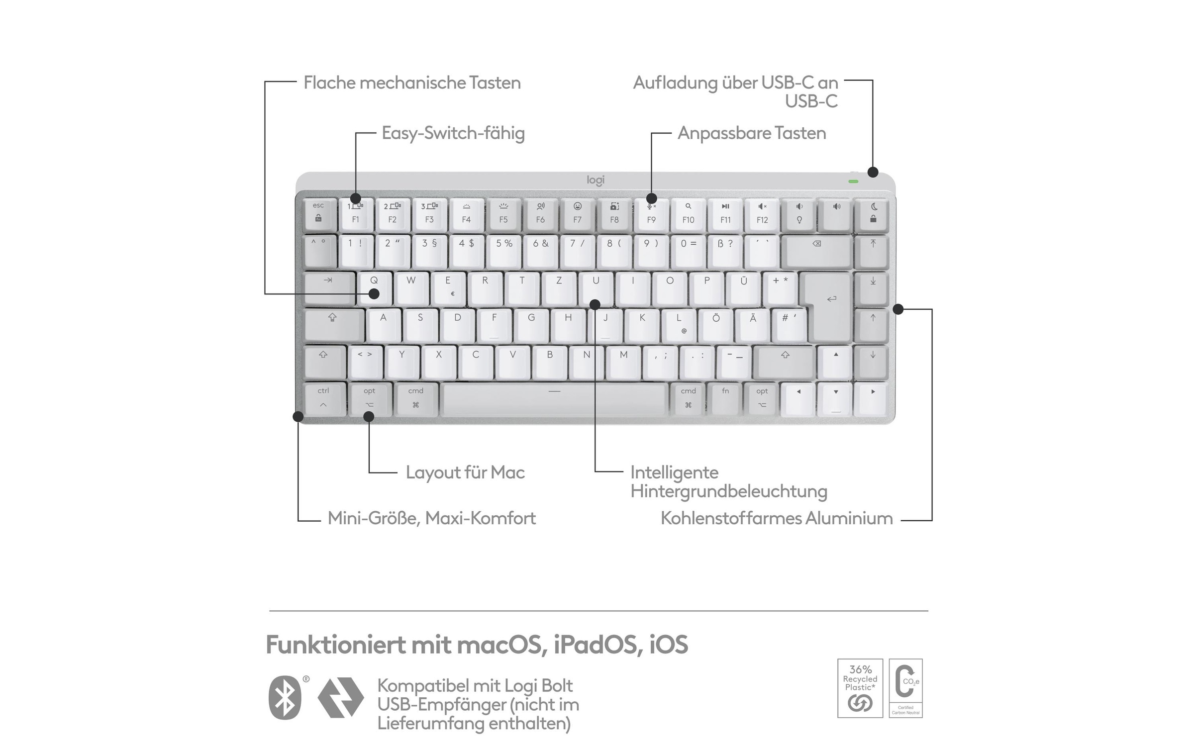 Logitech Wireless-Tastatur »MX Mechanical Mini for Mac pale grey«