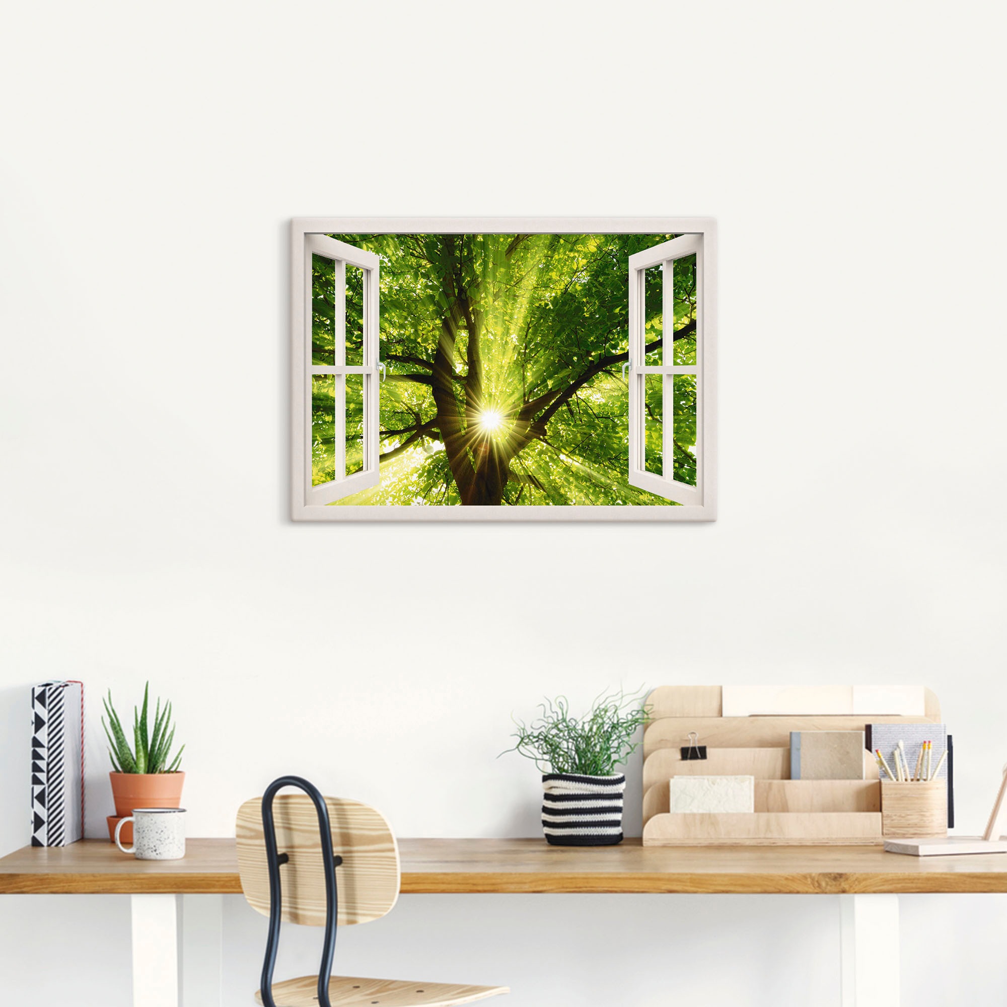 Artland Wandbild »Fensterblick Sonne strahlt durch Baum«, Bäume, (1 St.),  als Leinwandbild, Wandaufkleber oder Poster in versch. Grössen bequem  kaufen