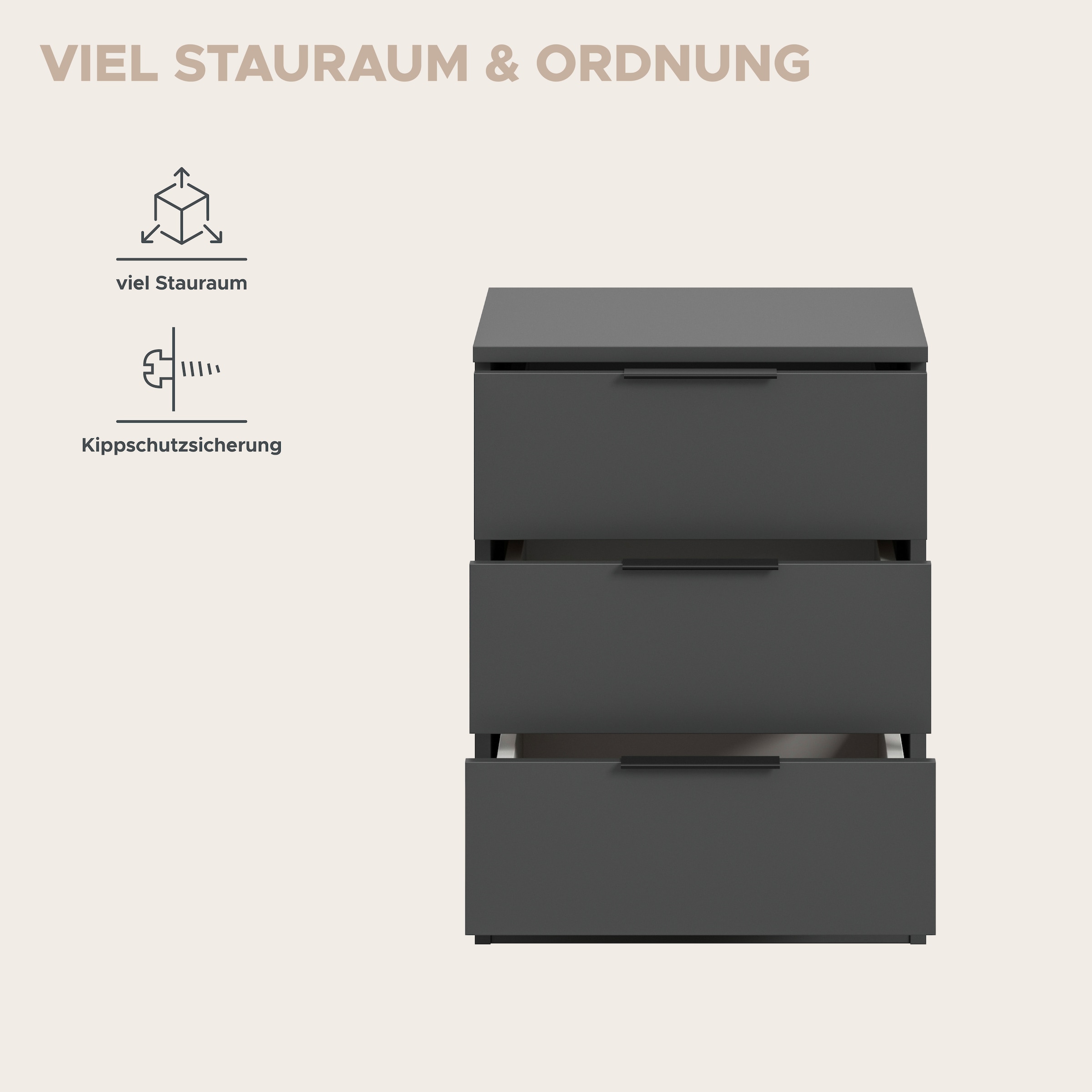 Home affaire Table de nuit »Skarde Nachttisch Beistelltisch Kommode, Breite: 45 cm« 1 cuis tlg. Skarde, Nachtkommode, 3 Schubkästen, anthrazit