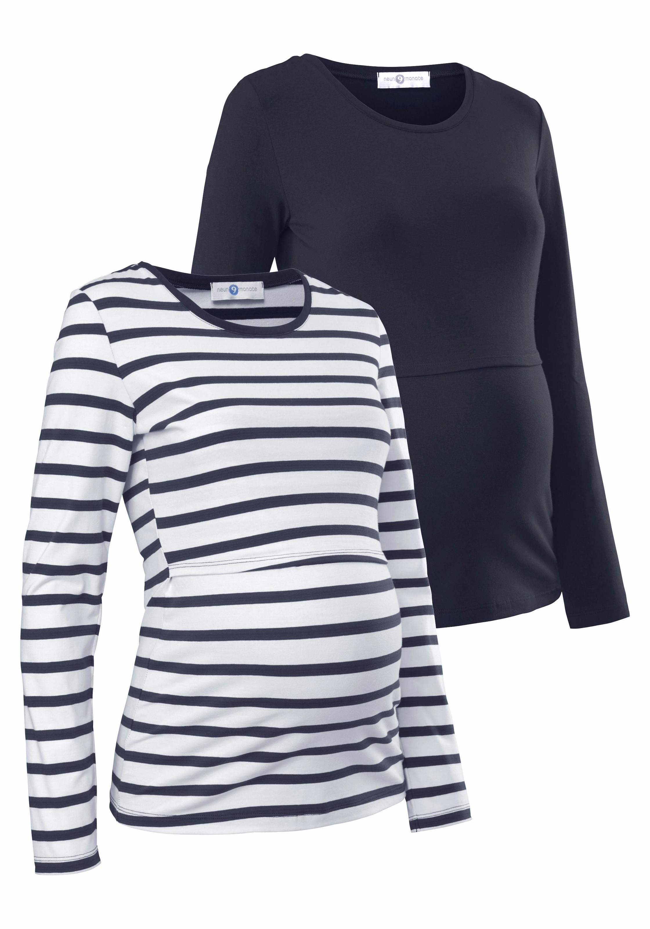 Image of Neun Monate Umstandsshirt ", 2er Pack Shirts für Schwangerschaft und Stillzeit" Packung, 2, 2 Stk. Langarm, figurbetont, unifarben oder geringelt