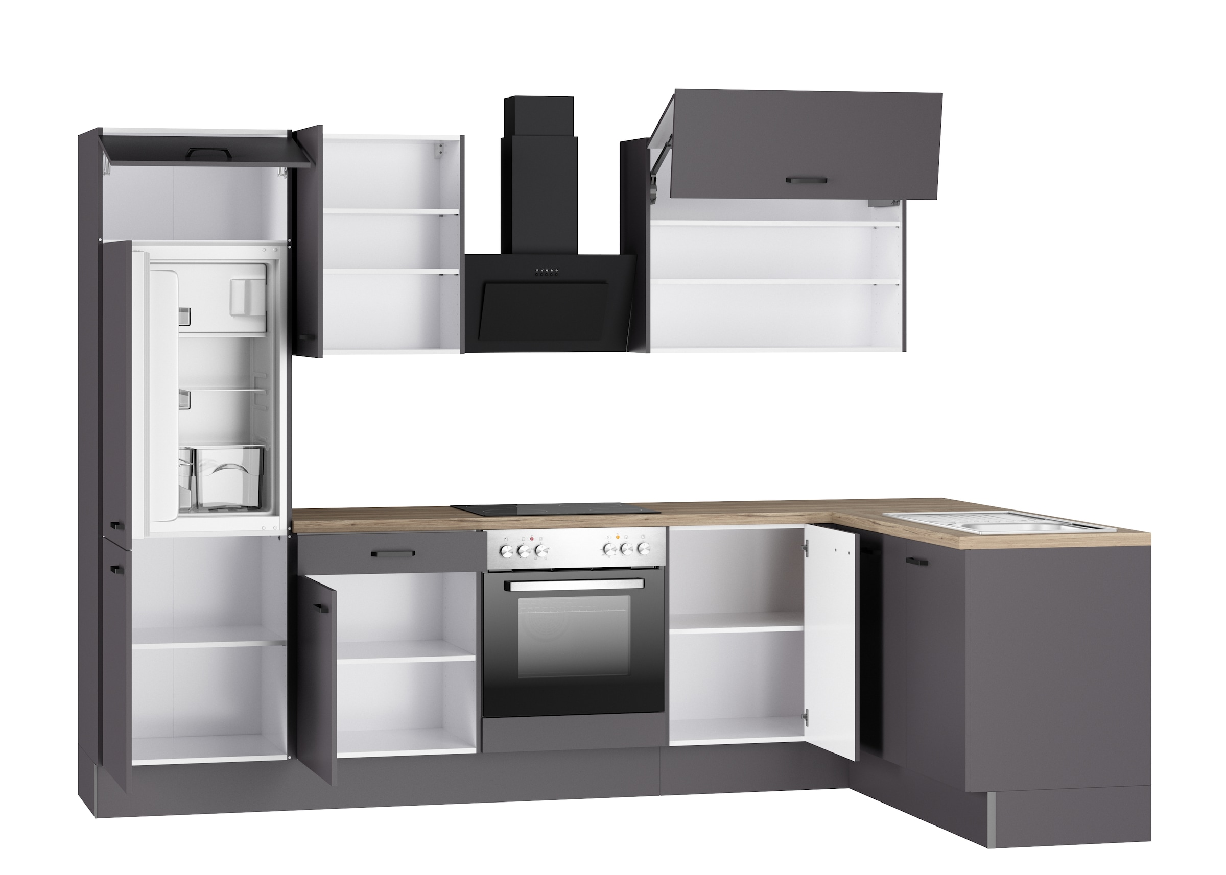 KOCHSTATION Cuisine d'angle »KS-Paula, Stellmasse rechts B/T 295/175 cm, links B/T 175/295 cm« Wahlweise Spüle rechts oder links, mit und ohne E-Geräte