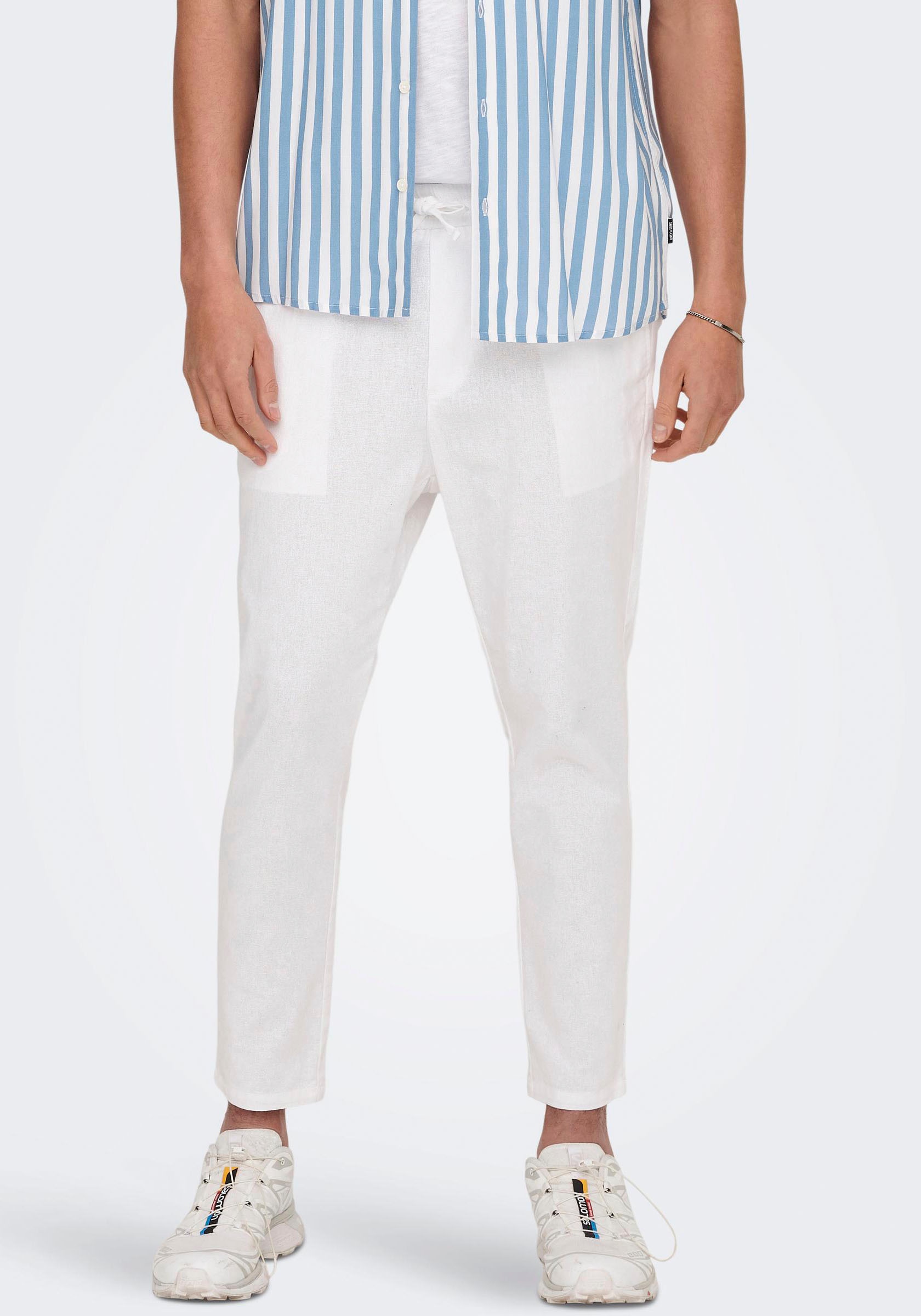 Image of ONLY & SONS Schlupfhose "ONSLINUS CROP 0007 COT LIN PNT NOOS" Baumwolle mit Leinen, Gummizug und Kordel