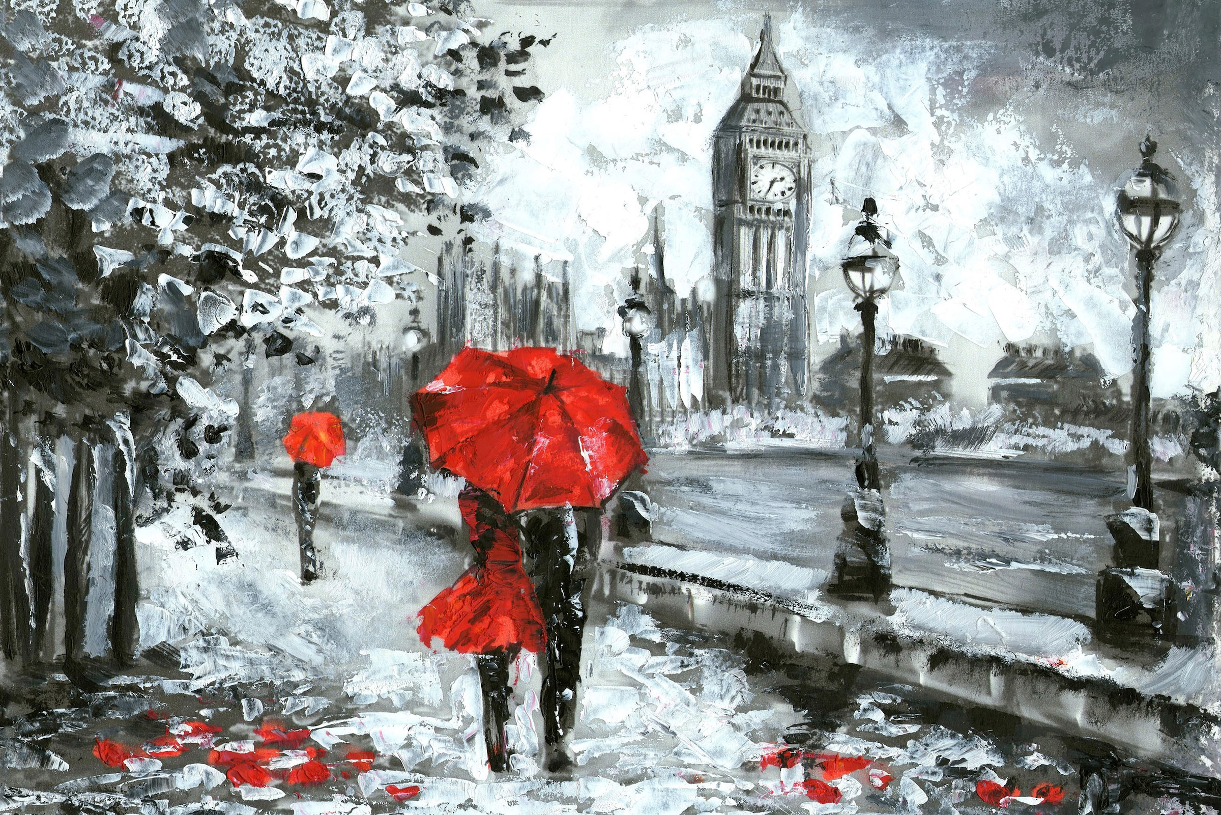 Image of queence Leinwandbild "London" Brücken Grossbritannien Kunst London Modern Rain Schwarz-Weiss Städte Wandeko, Big Ben, gezeichnet, Premium Leinwandstoff