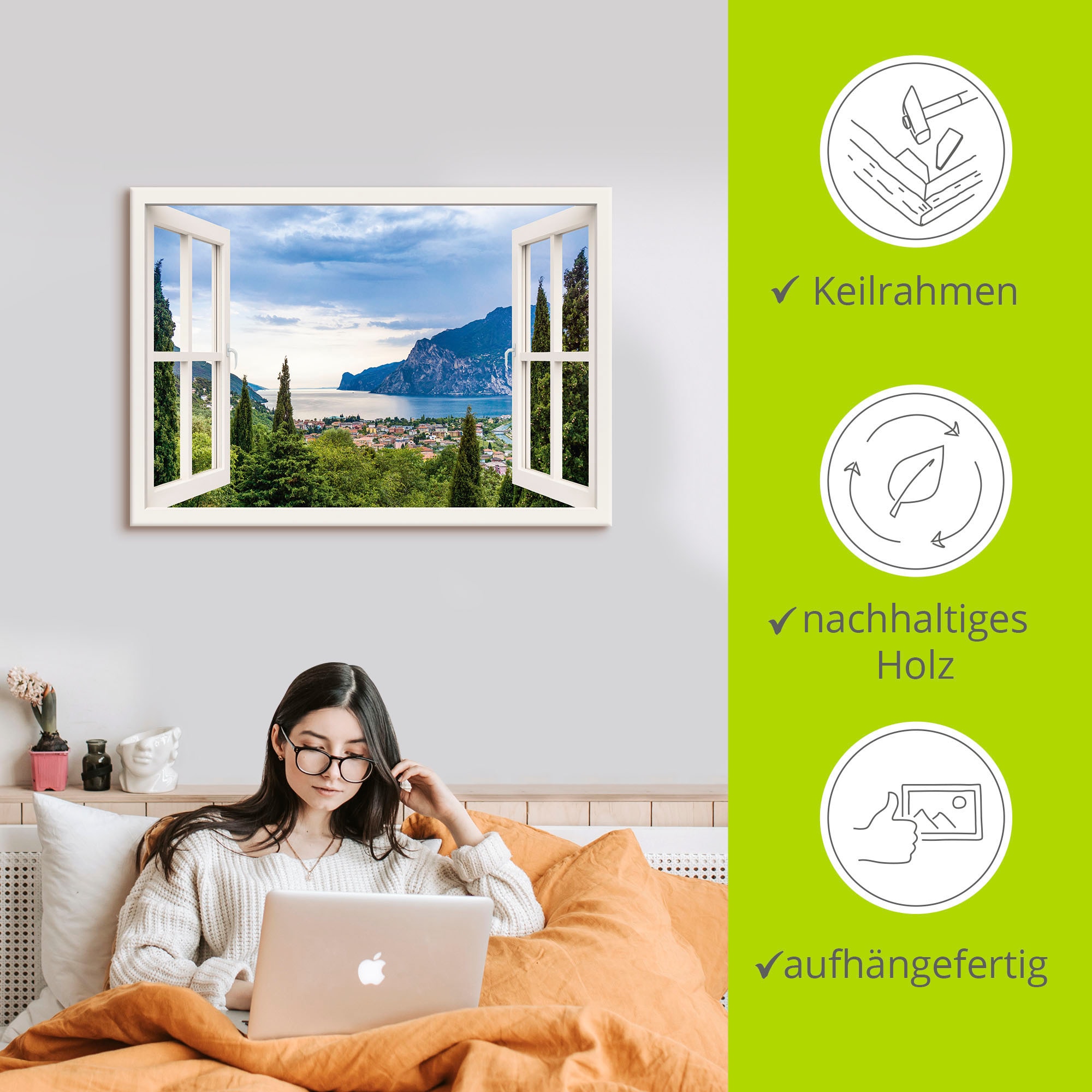 Artland Wandbild »Gardasee durchs weisse Fenster«, Seebilder, (1 St.), als Alubild, Outdoorbild, Leinwandbild, Poster, Wandaufkleber